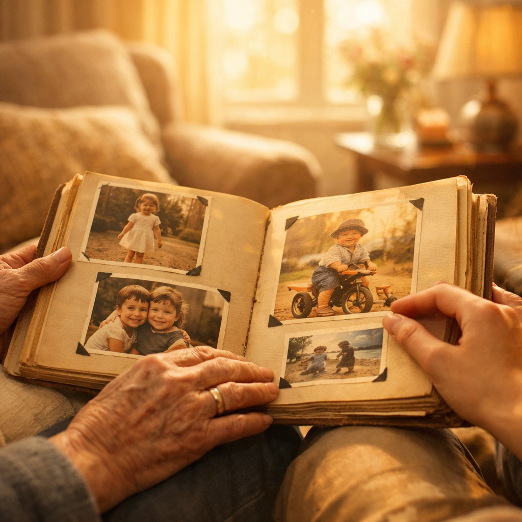 Family reviewing childhood photos for adult ADHD testing collateral information