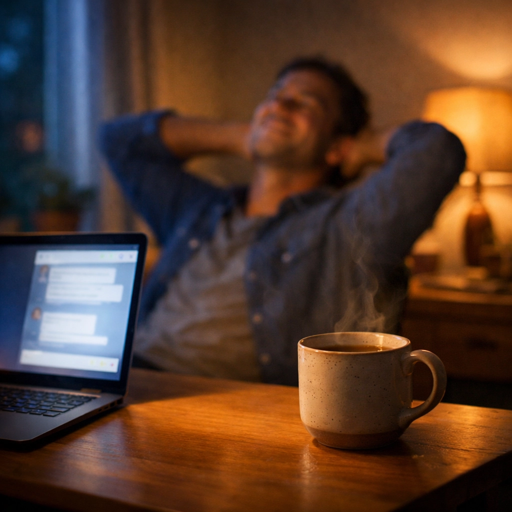 Megkönnyebbült férfi az online konzultáció után, otthoni környezetben keresve megoldást.