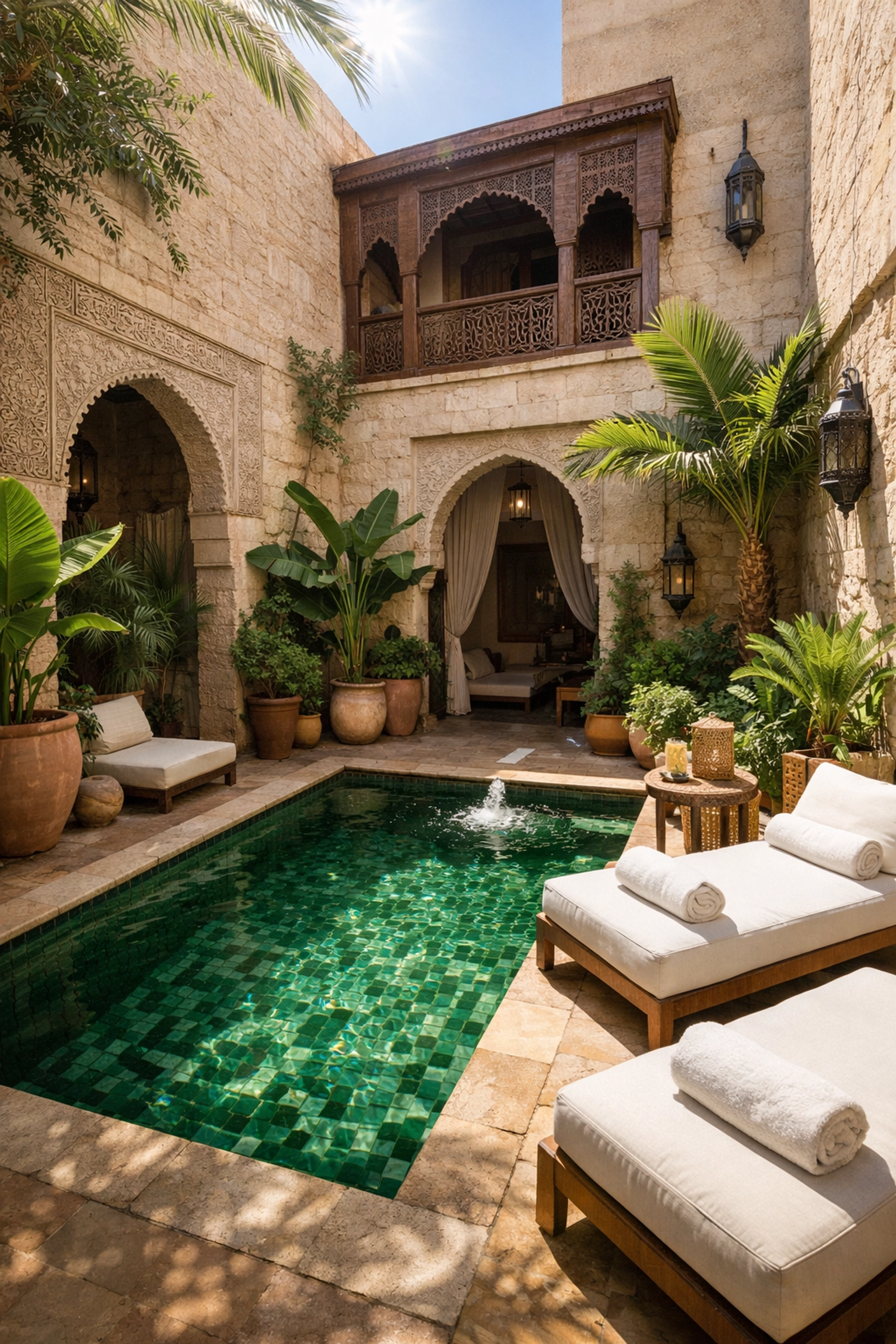 Private boutique hotel courtyard in Morocco with an emerald plunge pool and lush greenery.
