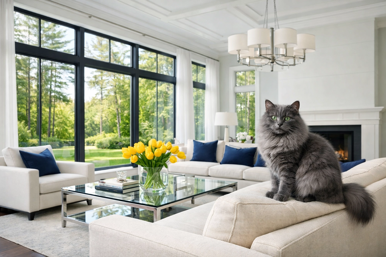 A cat on a clean sofa in a luxury Sudbury home featuring premium house cleaning services.