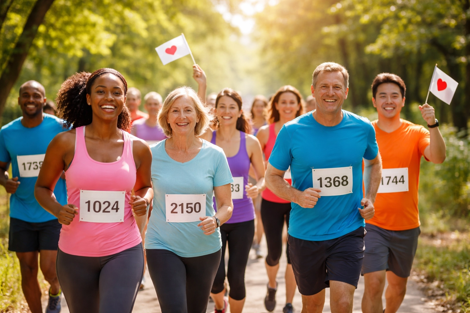 Diverse group participating in a peer-to-peer fundraising walk through a sunny park