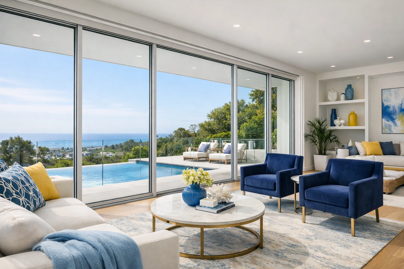 Spotless floor-to-ceiling windows with detailed, clean tracks in a newly built Hopkinton home.