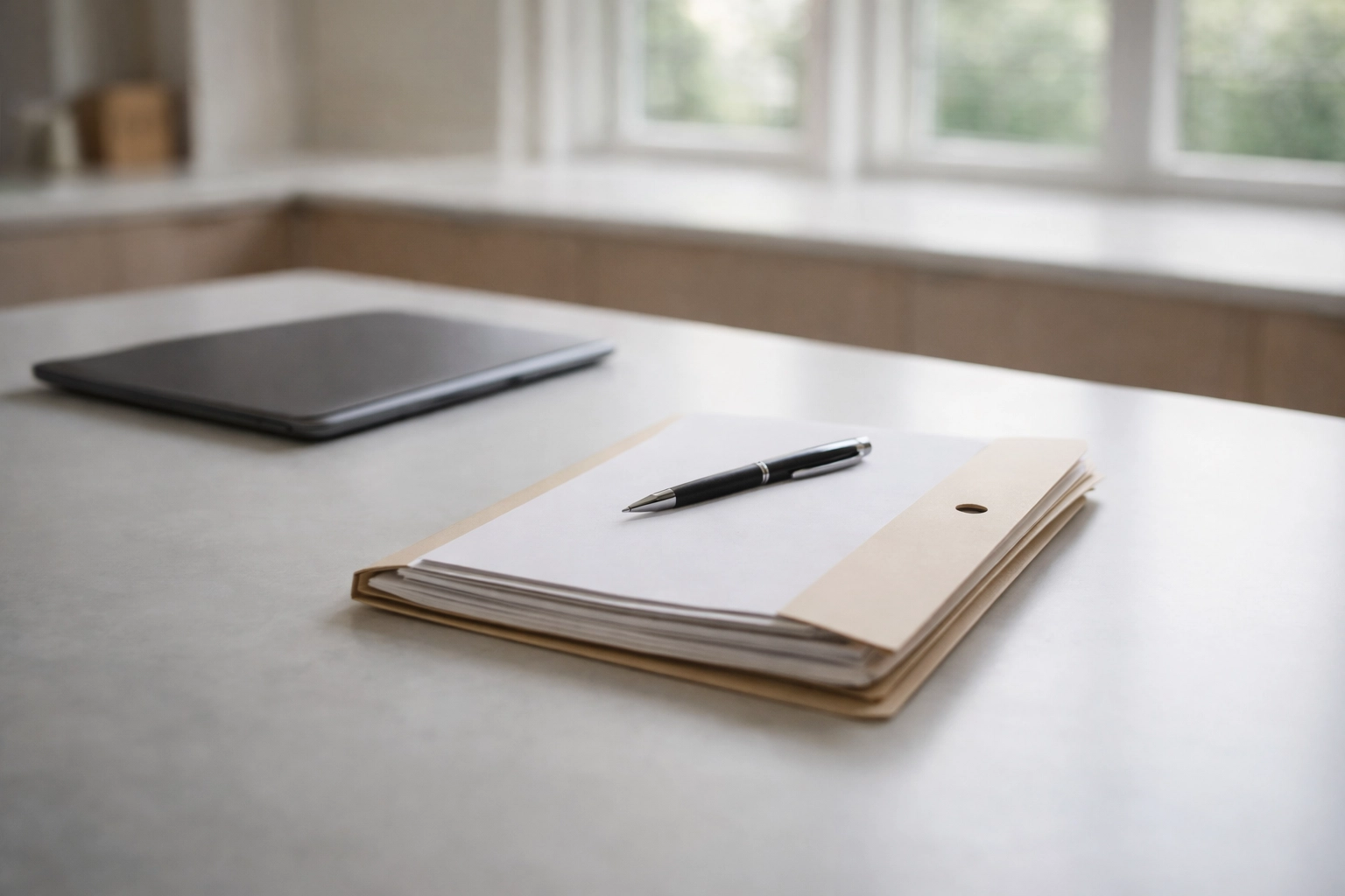 Organized home selling documents and records on counter showing seller preparation