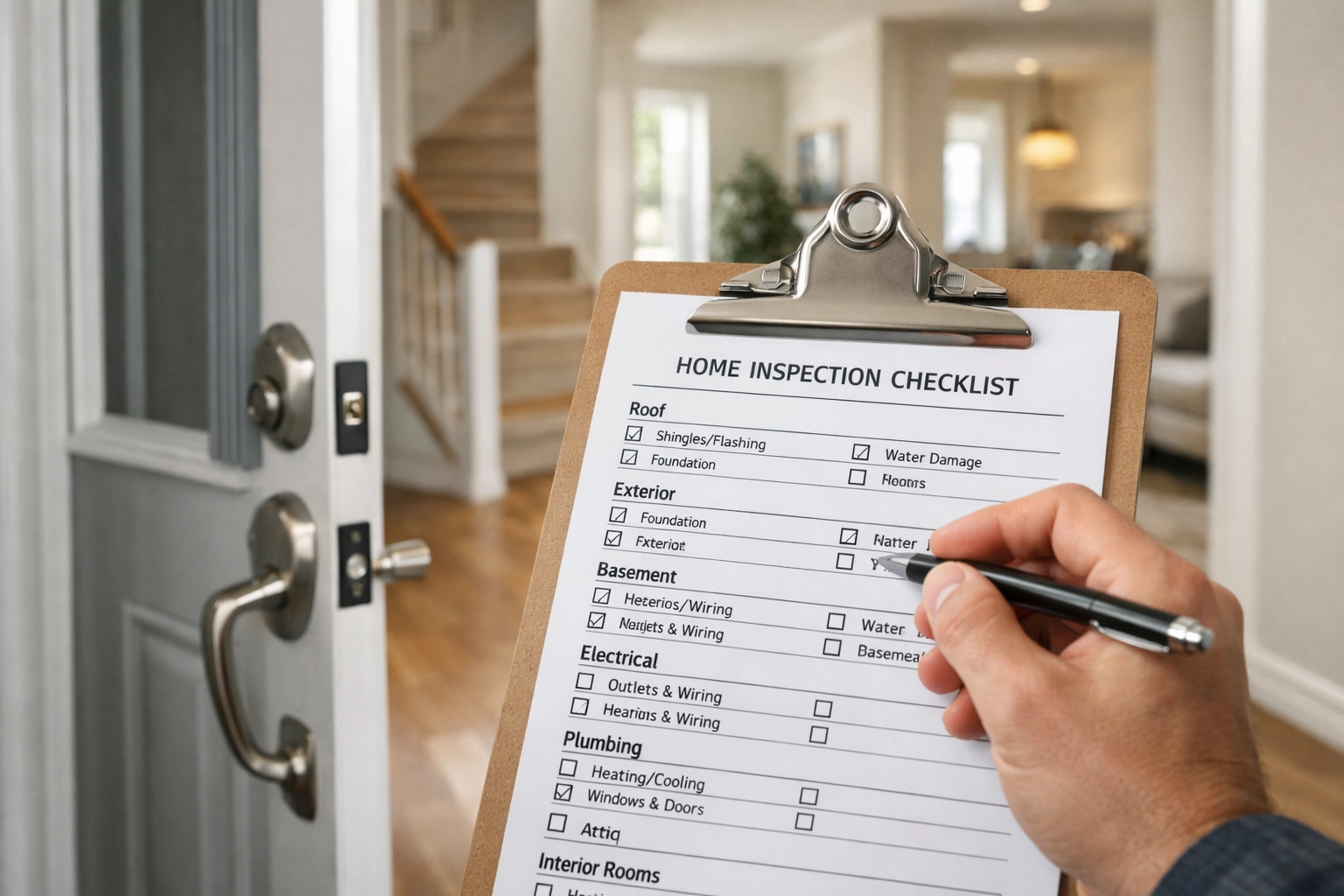 Home inspection checklist at an open front door of a bright Ontario home