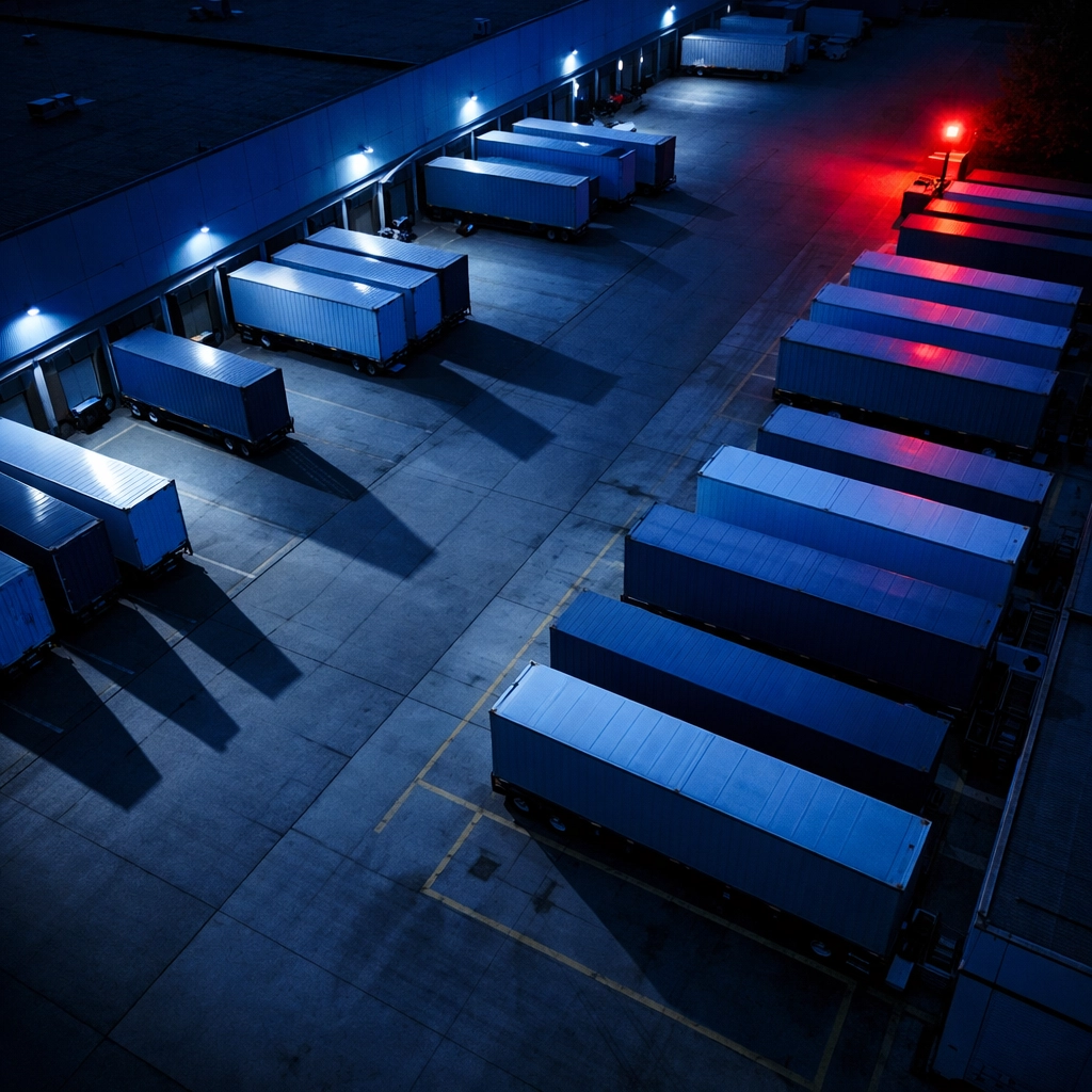 Modern distribution warehouse with security lighting demonstrating supply chain security infrastructure
