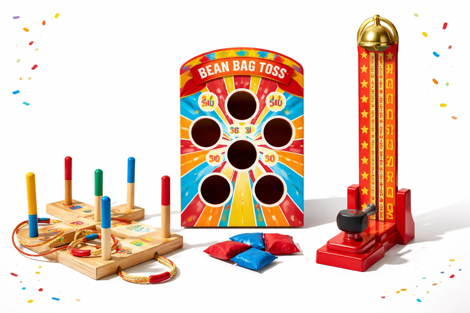 Classic carnival games including ring toss, bean bag toss, and high-striker game for event rentals