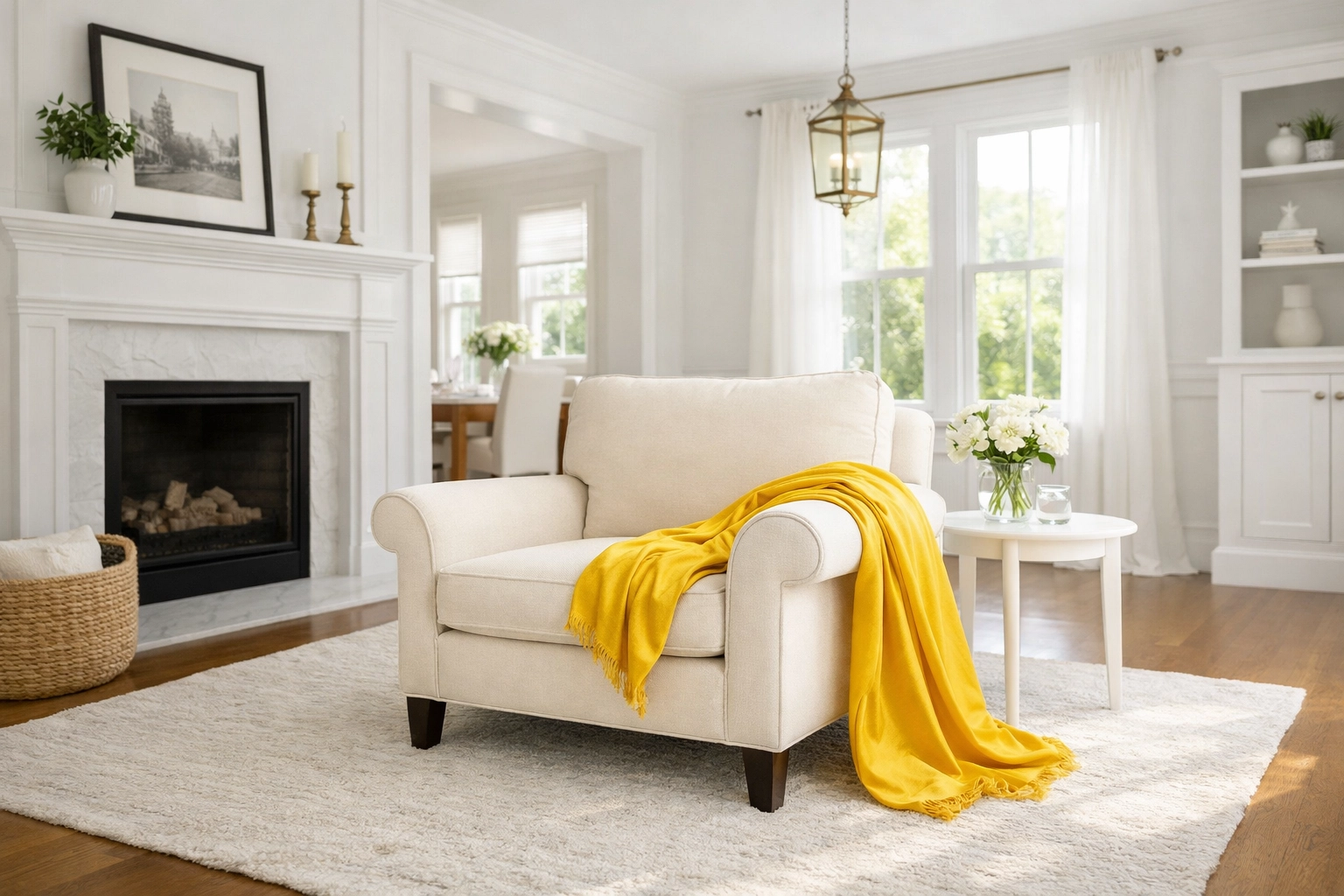 Pristine cream armchair in a Harvard residence highlighting a clean, allergen-free home environment.