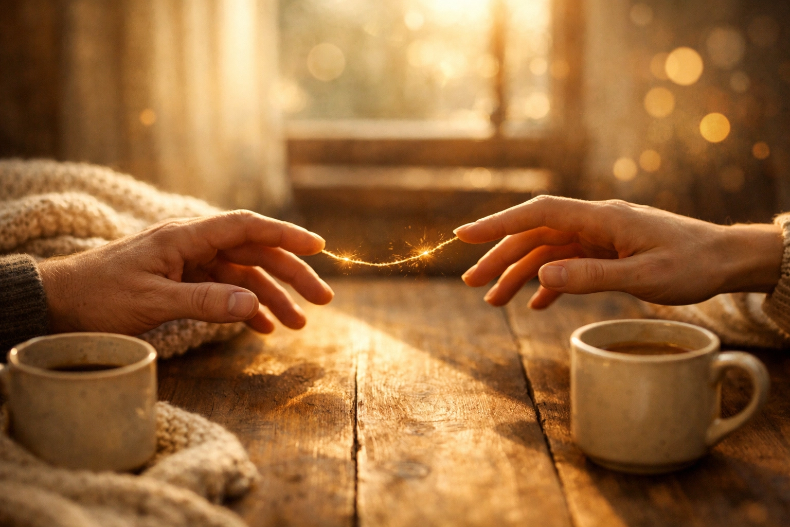 Two hands reaching across table with golden thread showing healing through connection and therapy