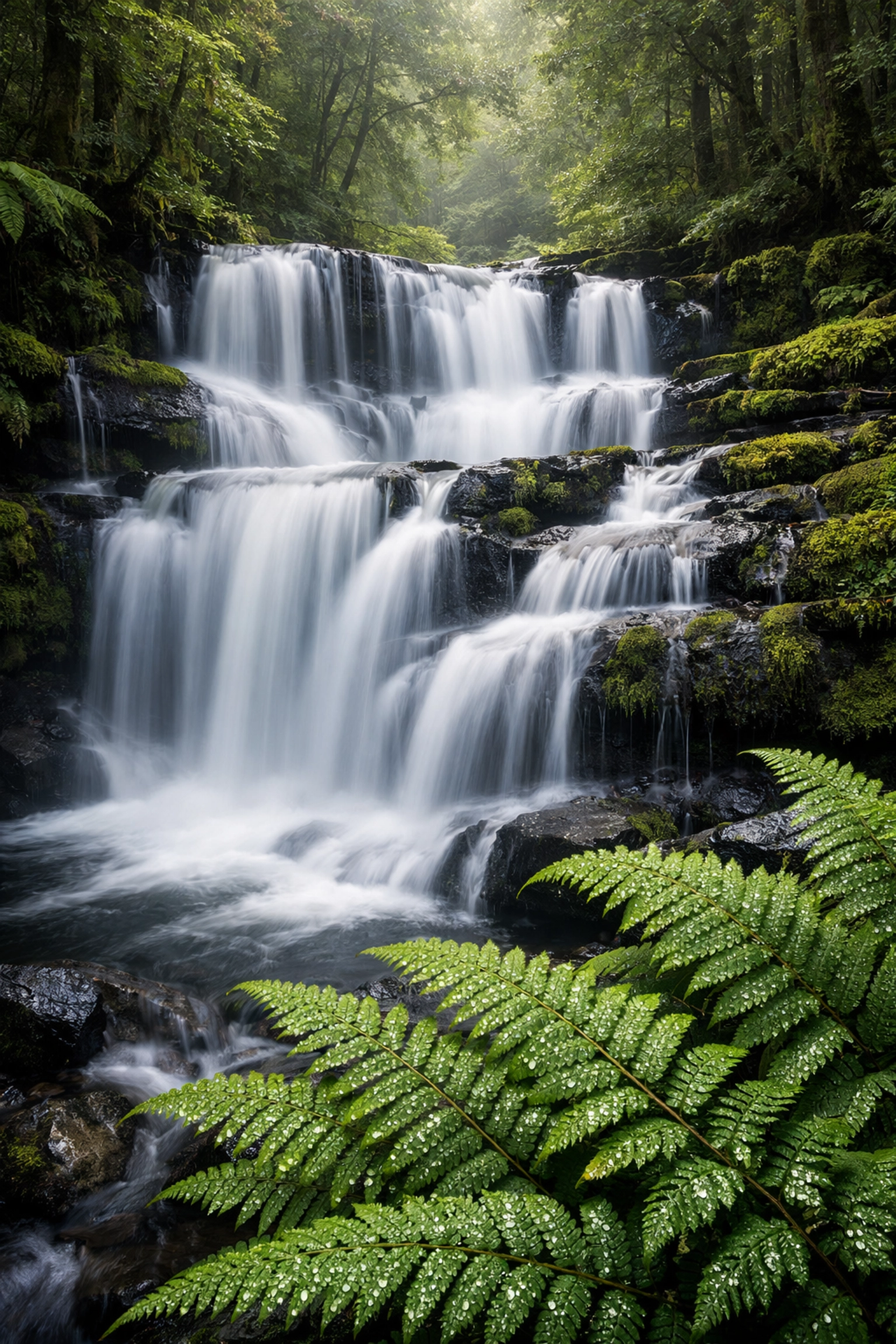 Waterfall long exposure photography in a lush forest showing motion blur from photography tutorials.