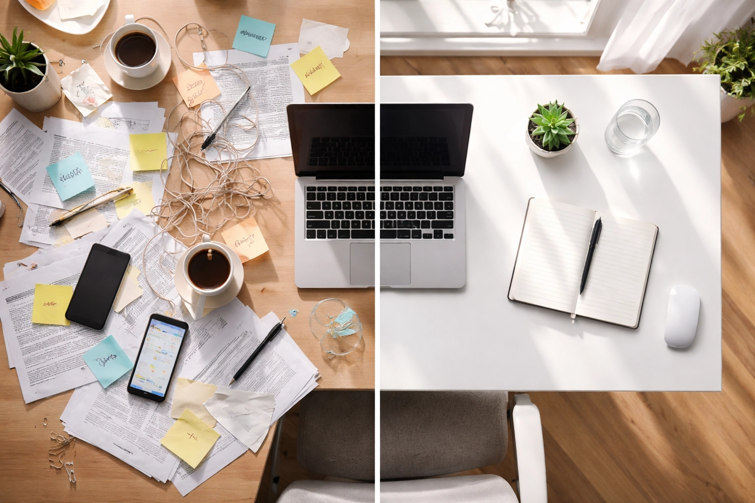 Top-down view of a messy desk transforming into an organized workspace, illustrating strong ServiceNow platform management and governance at SnowGeek Solutions.