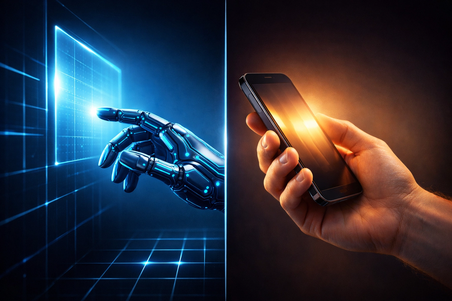 AI automation versus human touch in marketing showing robotic and human hands with technology