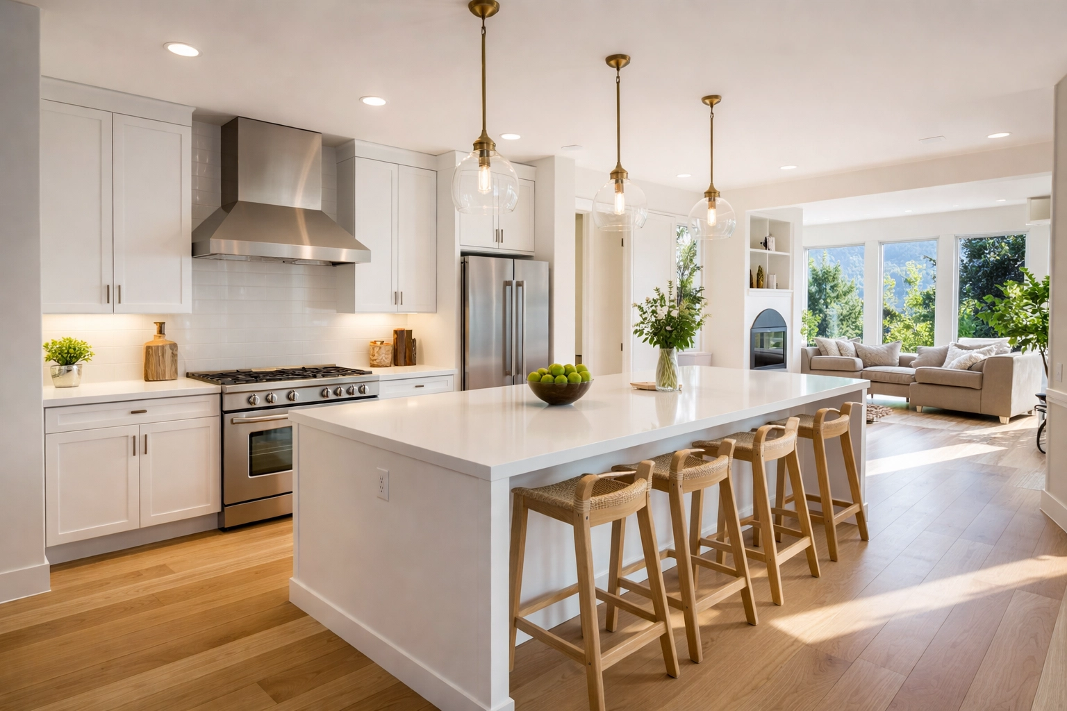 Modern Denver kitchen with luxury finishes, quartz countertops, and open floor plan illustrating attainable upscale living.
