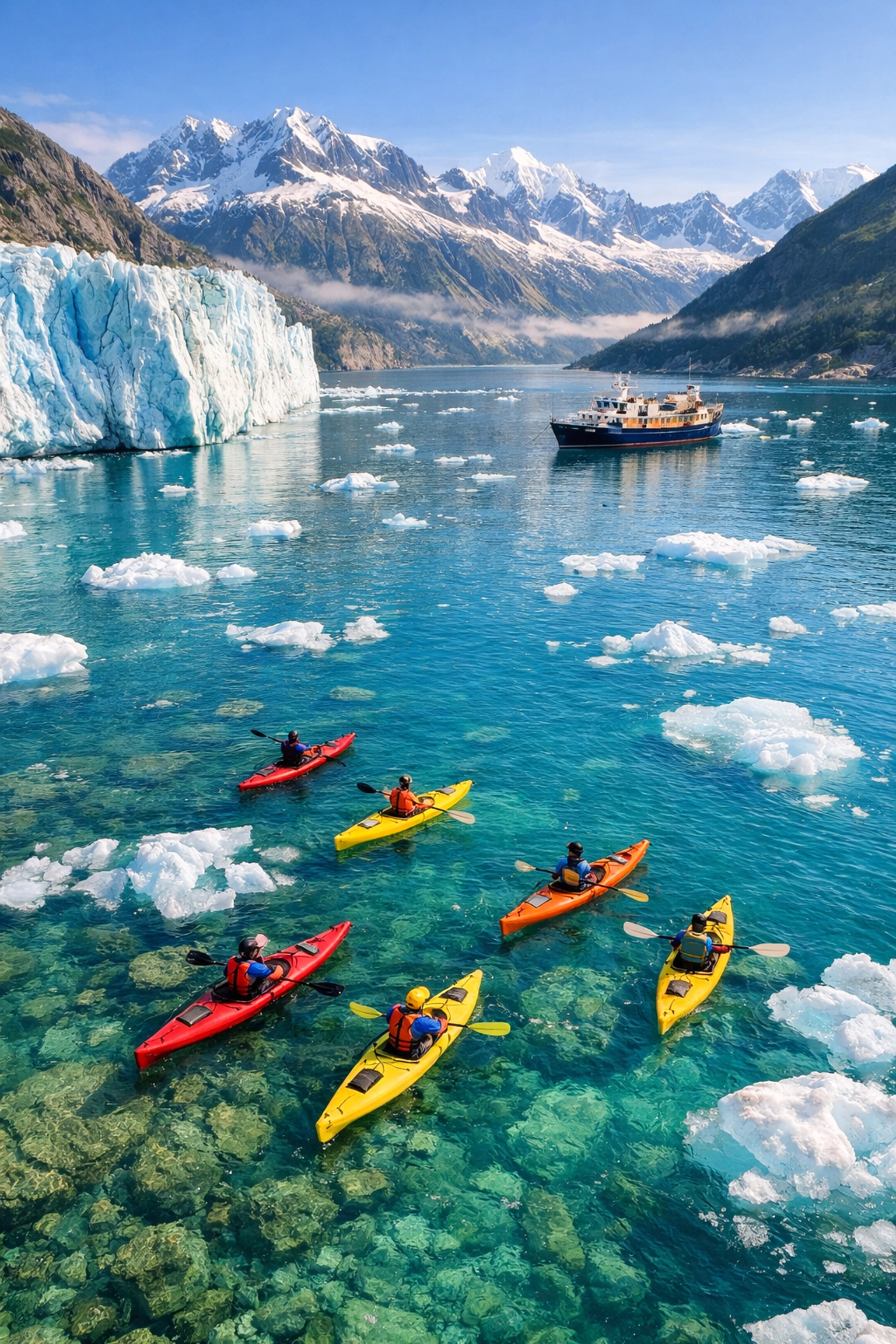 Kayakers explore glacier waters near a small expedition cruise ship in Alaska