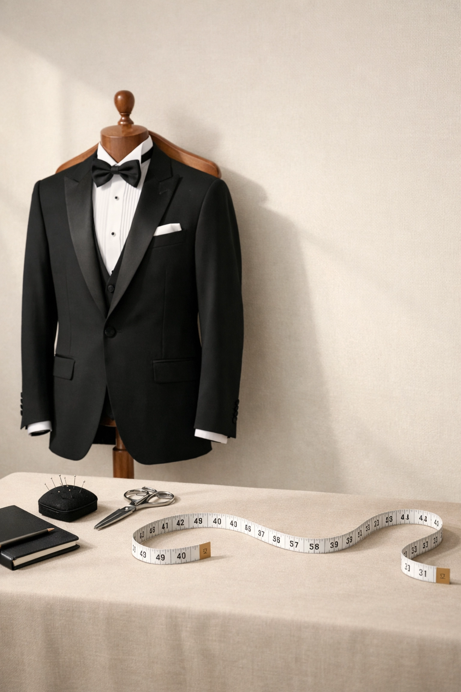 Tuxedo fitting station with measuring tape at Berk's Menswear in North Huntington PA