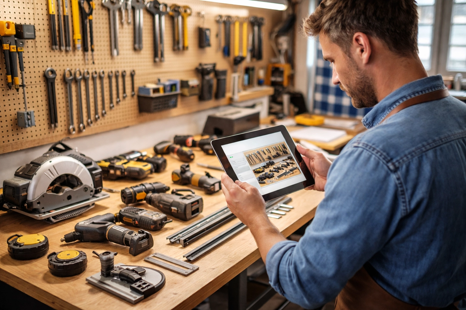Business owner cataloging construction tools with a tablet, demonstrating inventory management for inland marine insurance protection.