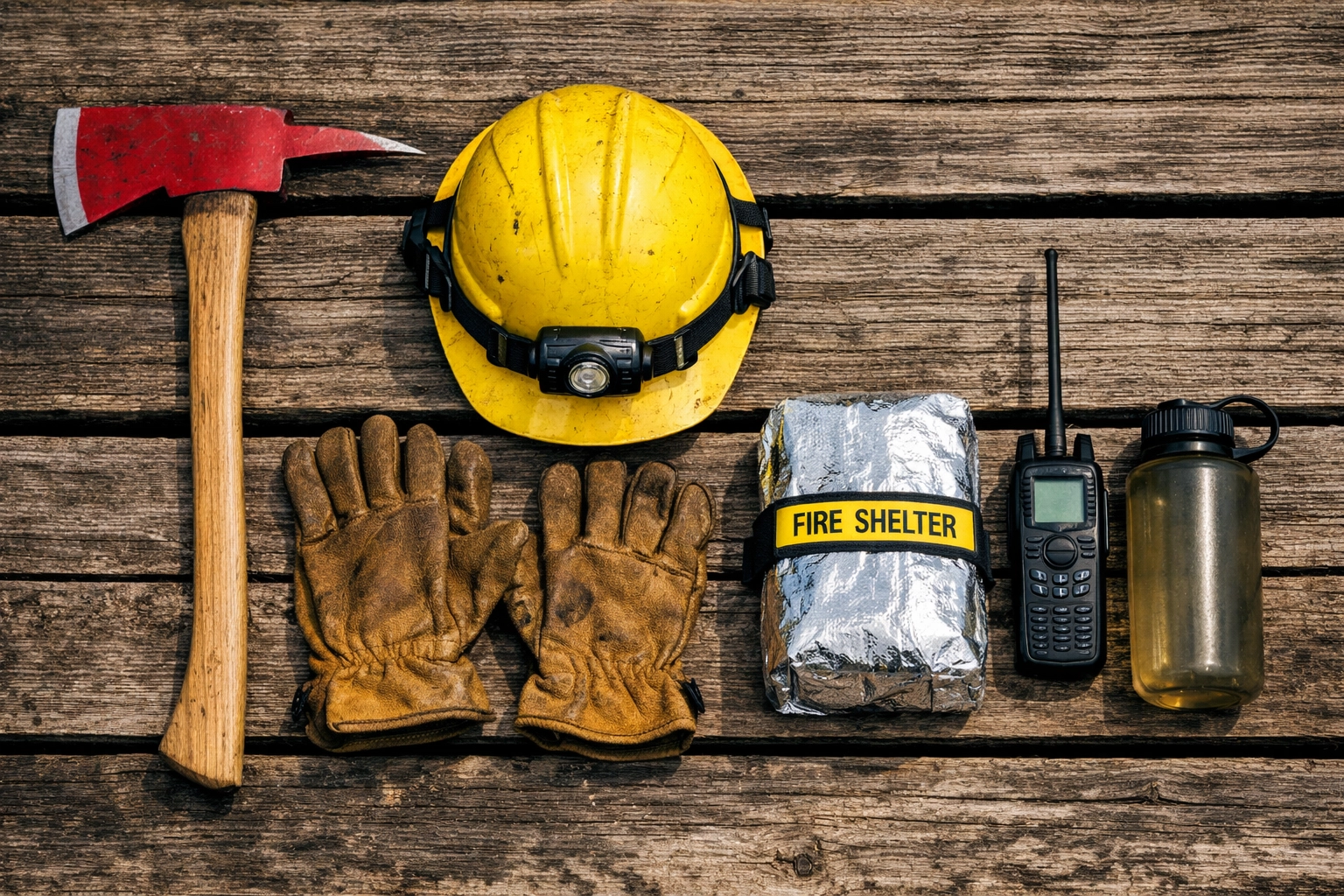 Essential wildland firefighting gear including Pulaski axe and fire shelter