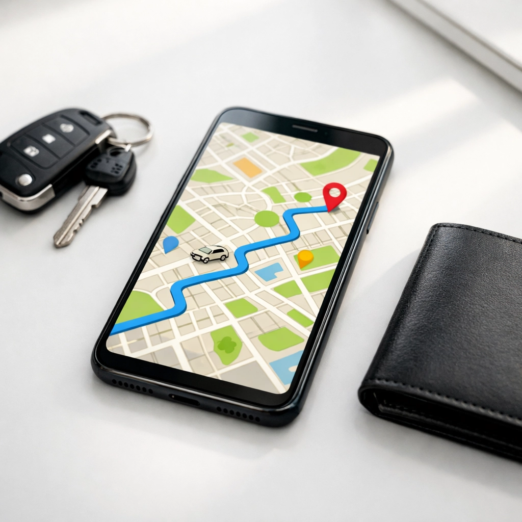 Smartphone and car keys on a minimalist desk, symbolizing gig economy travel and 1099-K reporting.