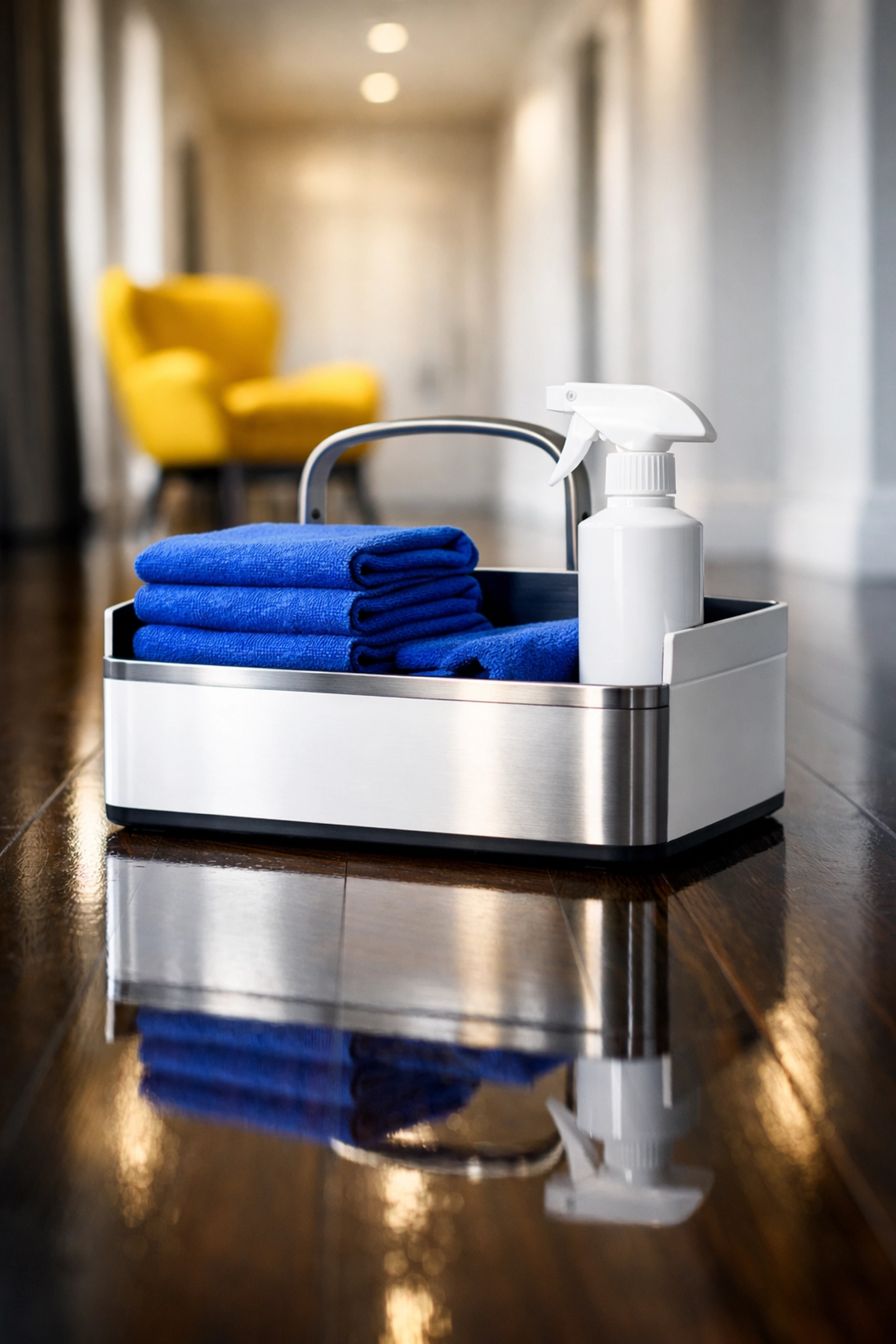 Professional cleaning caddy and microfiber cloths used for efficient weekly house cleaning Pepperell.