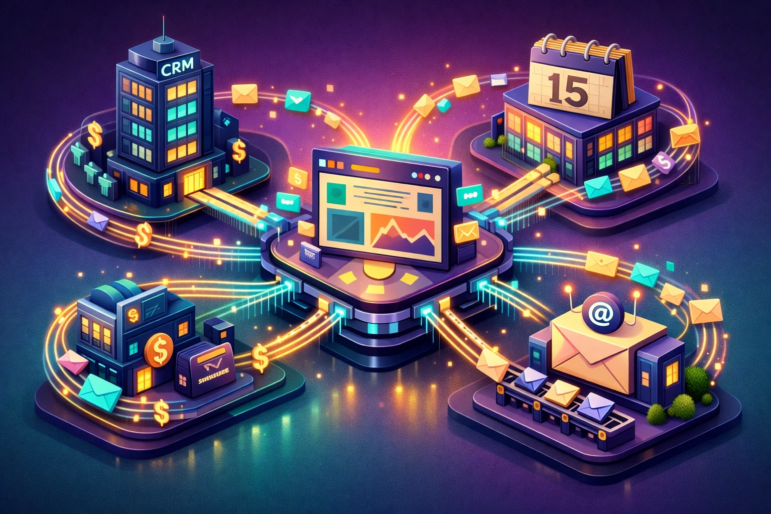 Website operations hub connecting integrated business tools like CRM, email automation, and payments