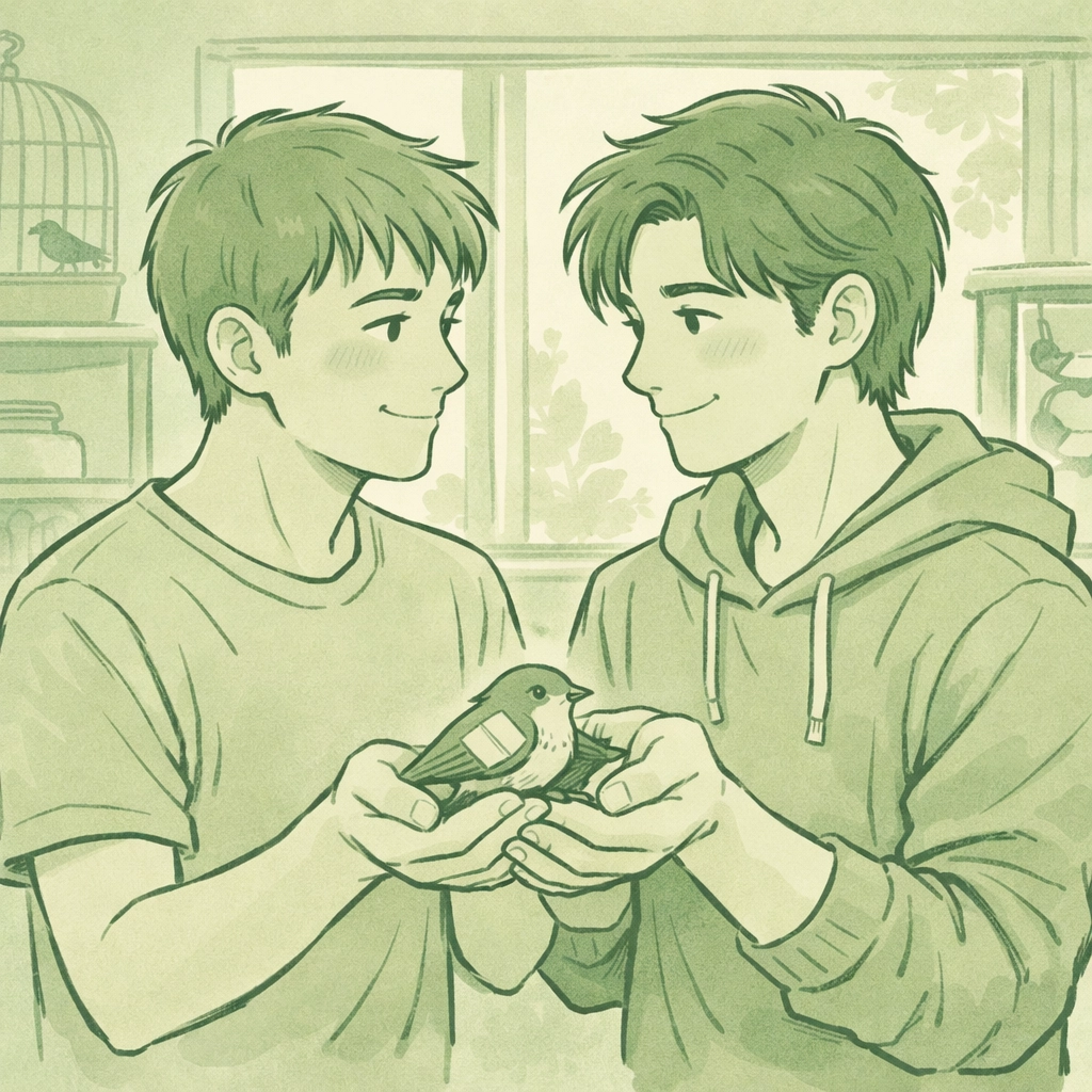 Two LGBTQ+ youth volunteers caring for injured songbird at avian rescue sanctuary