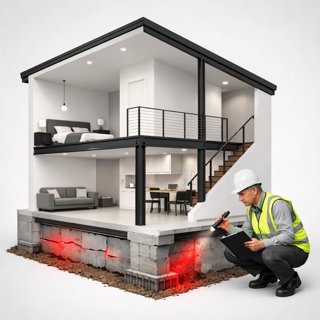 Inspecteur en bâtiment examinant les fondations d'une maison lors d'une inspection préachat à Québec