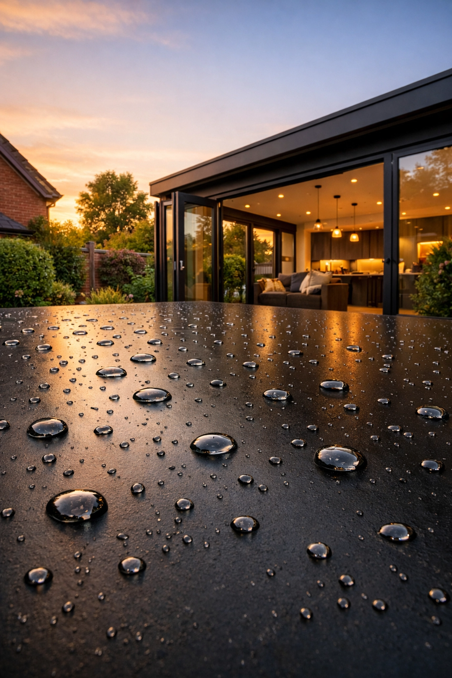 Seamless black EPDM rubber flat roof on a modern Maidenhead extension showing water-repellency.