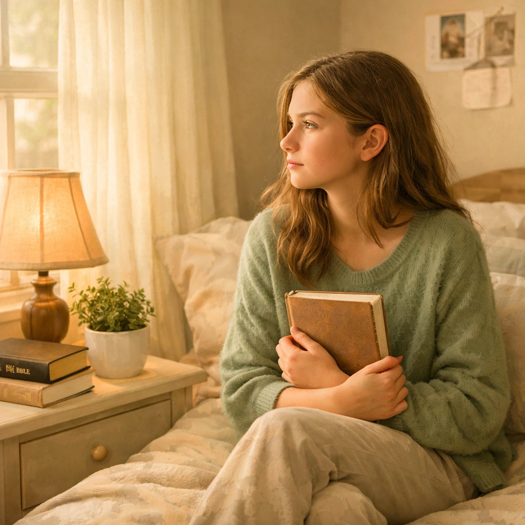 Thoughtful teen girl with journal and Bible reflecting on faith and mental health
