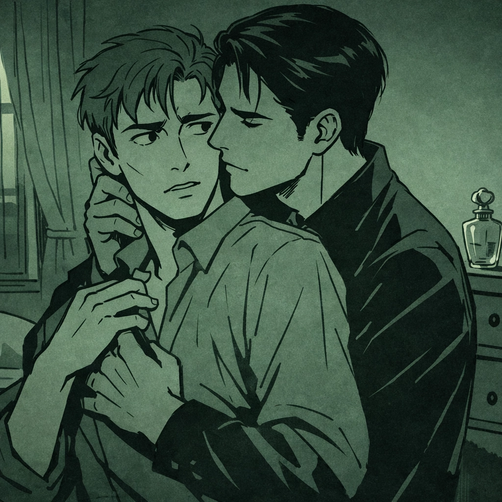 Two men in tense embrace in moonlit bedroom - MM psychological thriller romance illustration