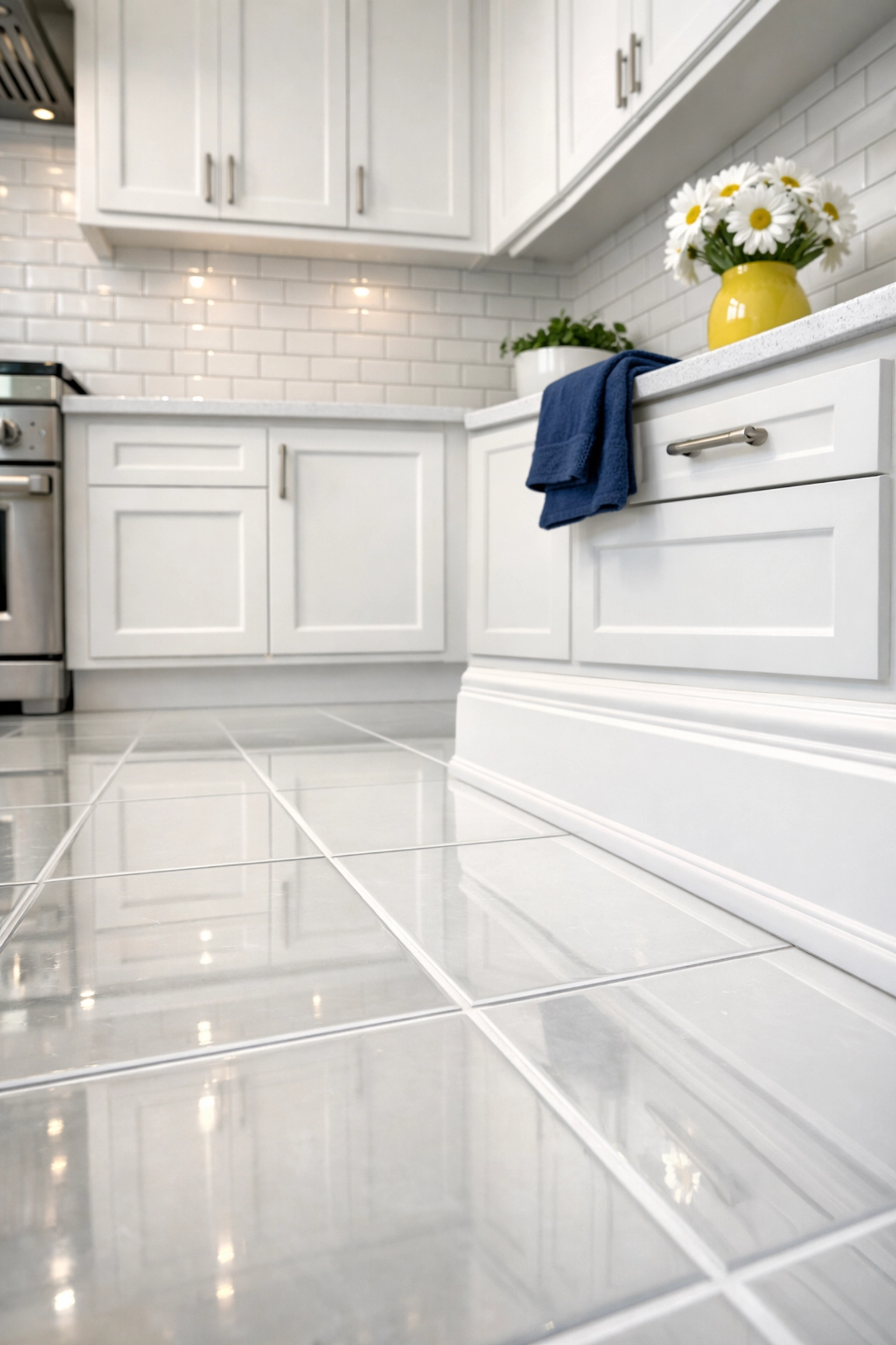 Pristine white kitchen tile floor and baseboards after a professional deep cleaning service.