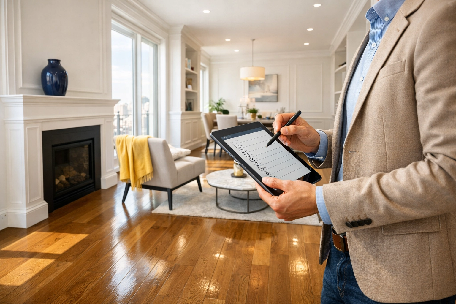 Tenant performing a final walkthrough of a clean Massachusetts apartment to get their security deposit back.