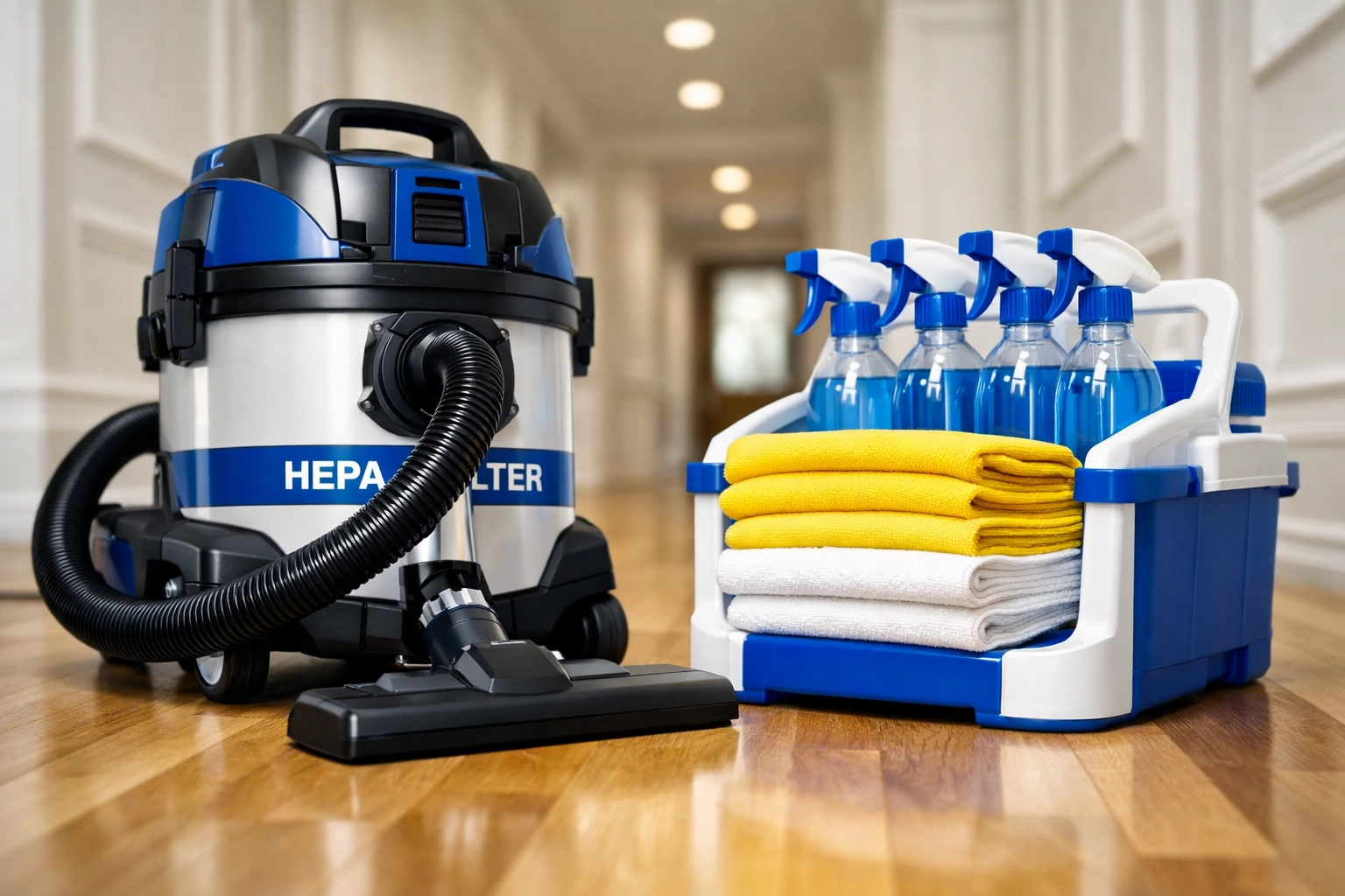 Professional HEPA vacuum and supplies for detailed post-construction cleaning MA in a high-end home.