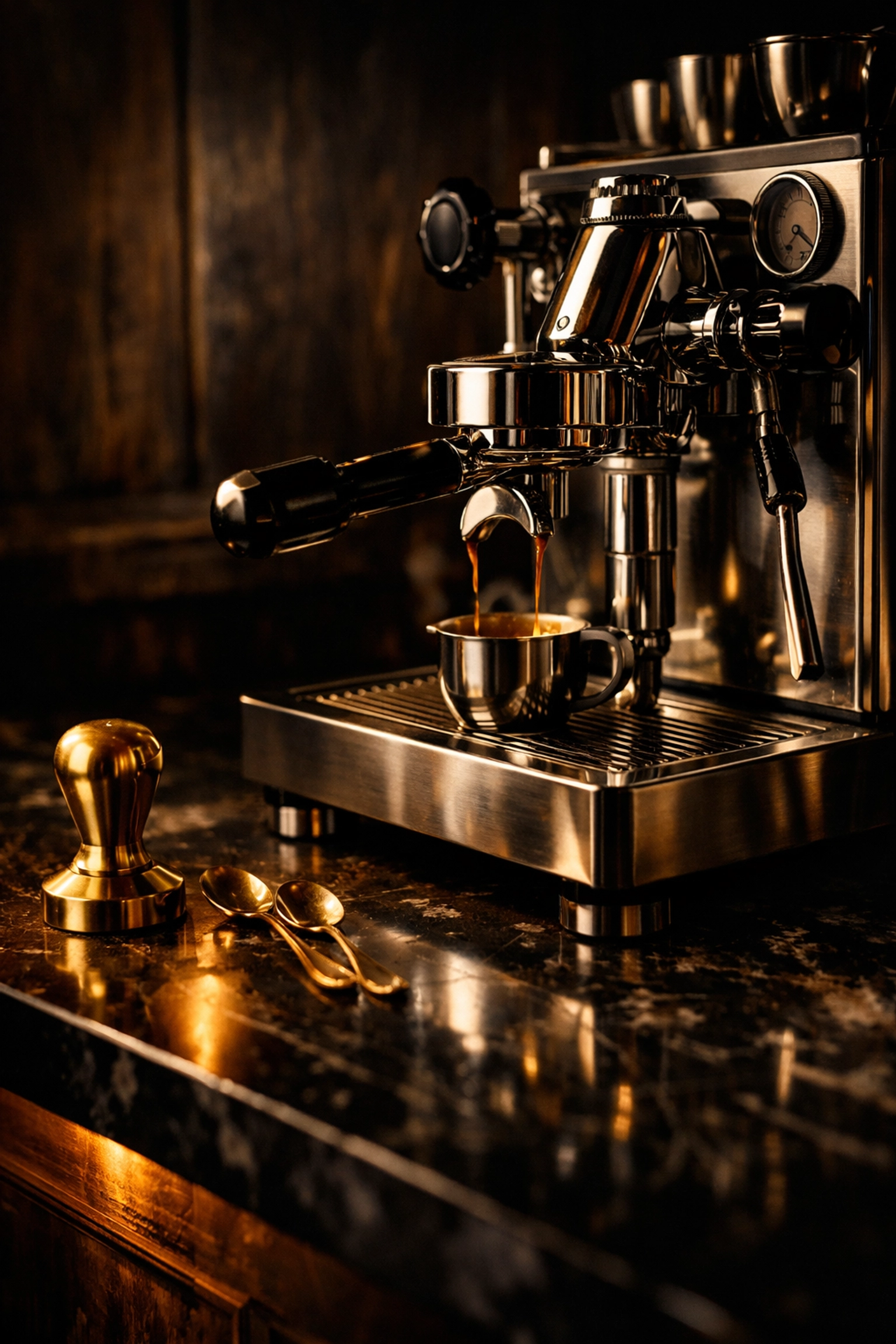 Chrome espresso machine on marble countertop with brass coffee accessories