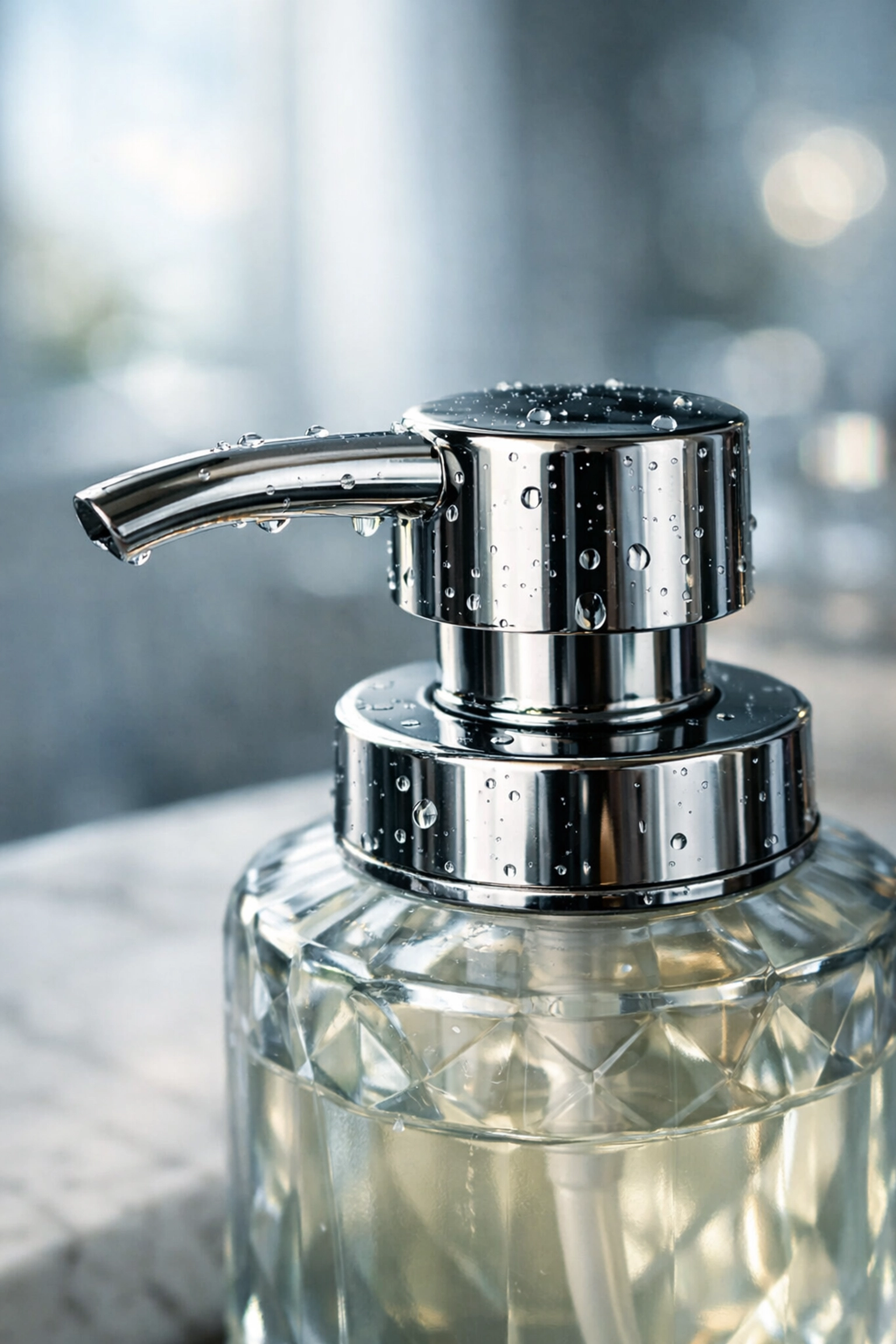 Close-up of a clean chrome soap dispenser pump on a designer marble countertop.