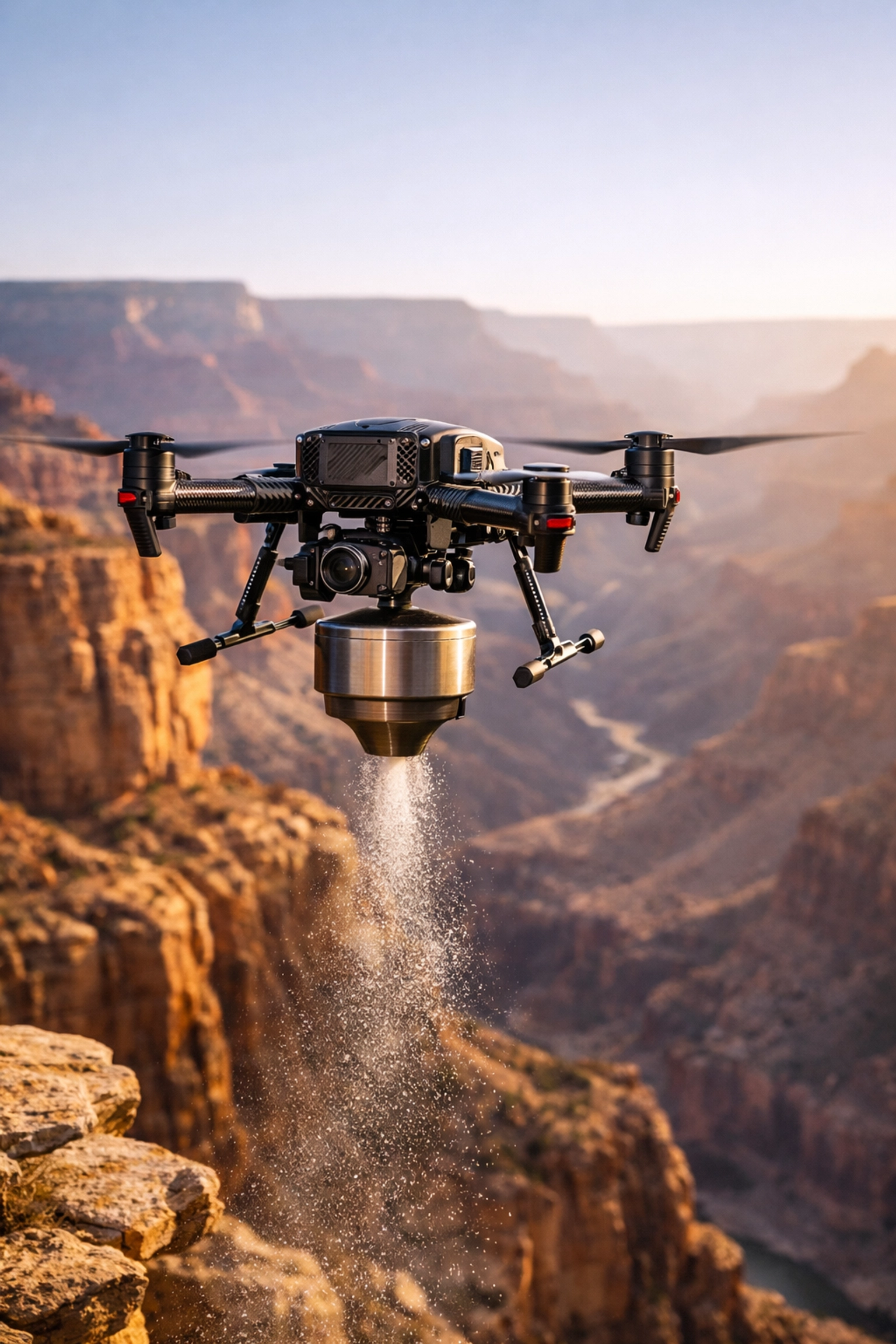 A professional memorial drone for ash scattering ceremonies hovering over a majestic sun-drenched canyon landscape.