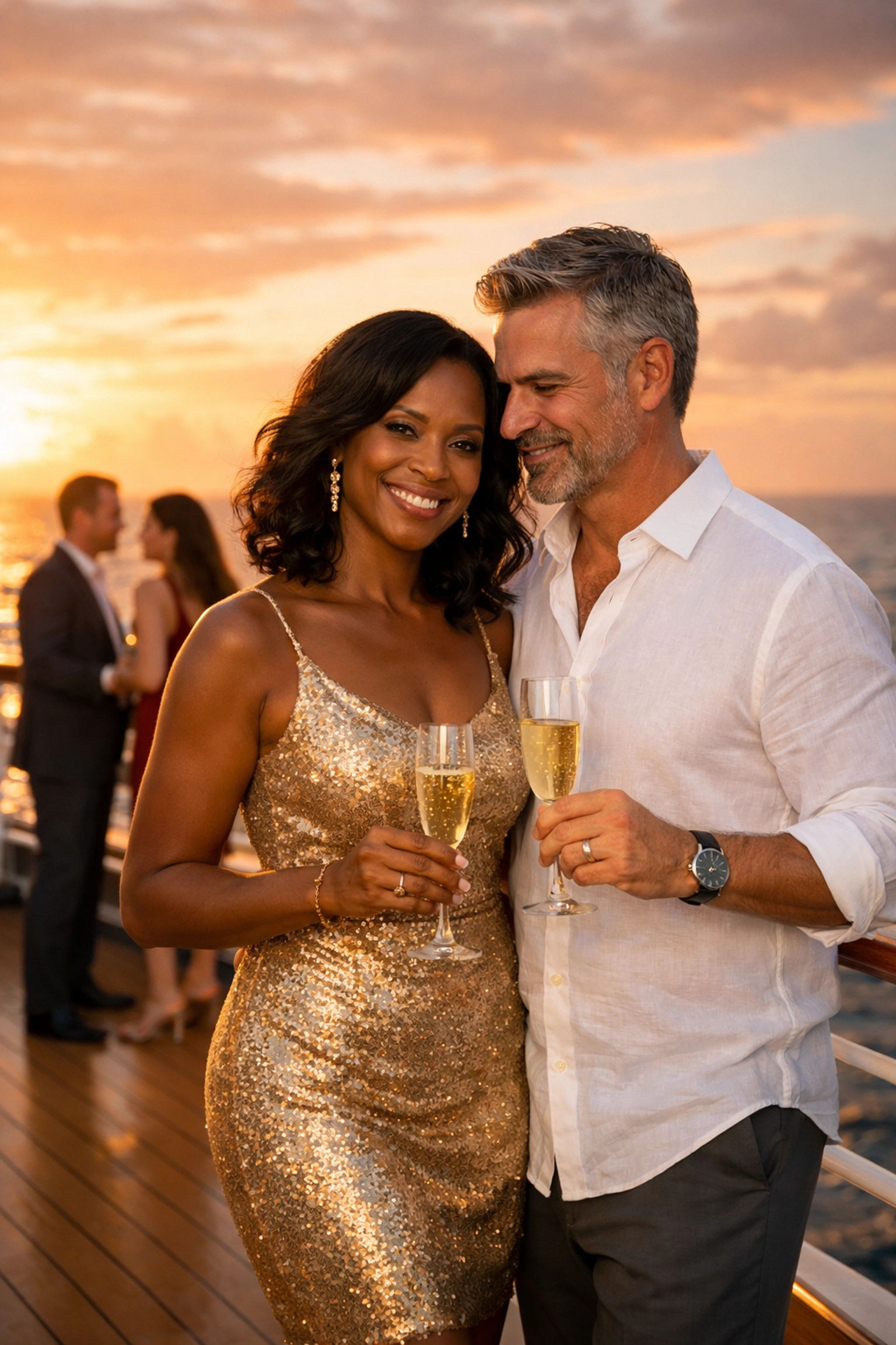 Couple enjoying champagne on luxury lifestyle cruise ship deck at sunset
