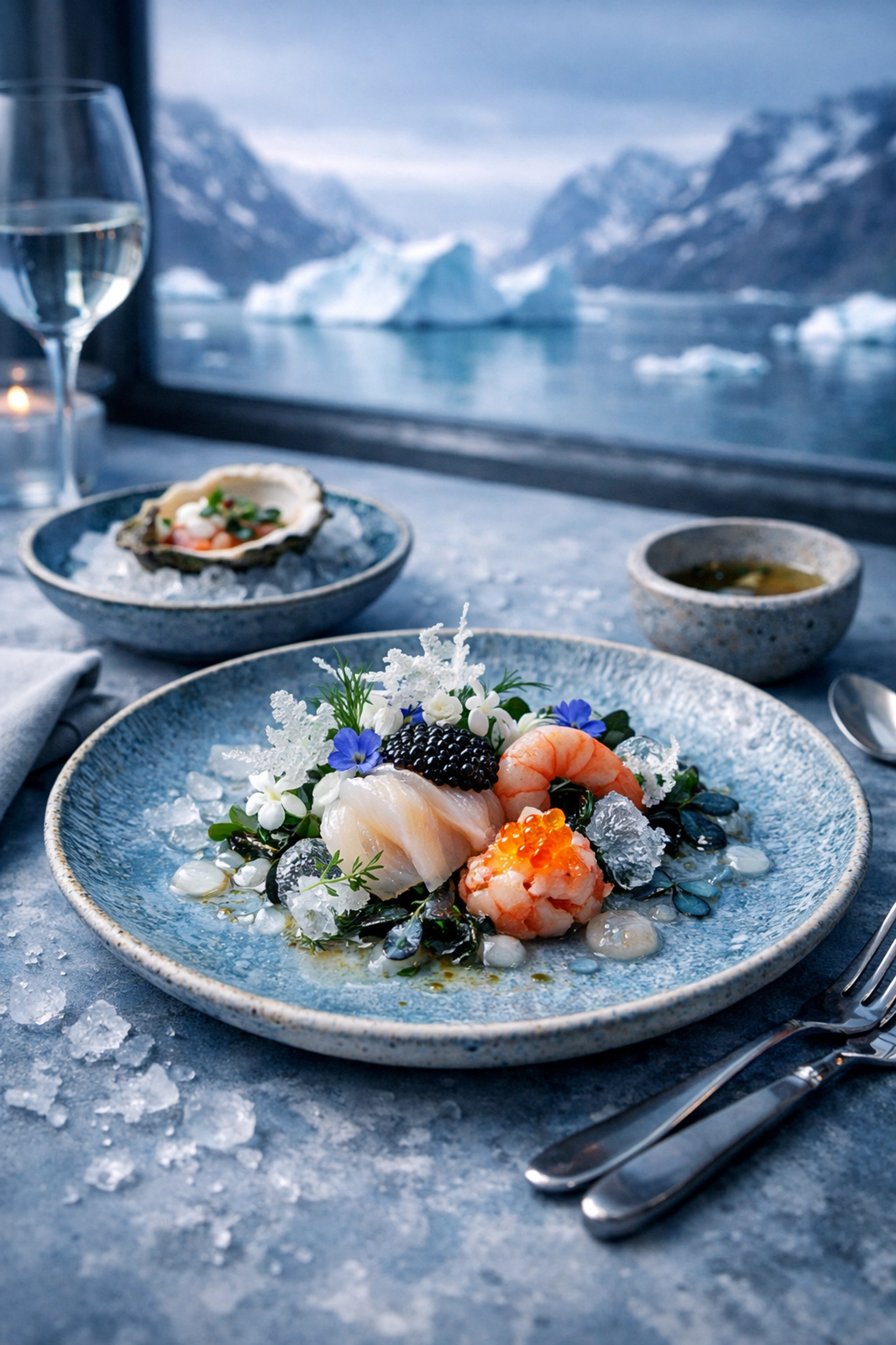 Arctic-inspired Michelin-starred tasting menu dish with seafood and Nordic garnishes overlooking Greenland fjords
