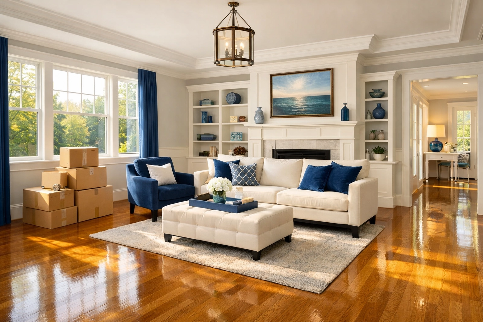 Pristine sun-drenched living room in a Bolton, MA home with polished hardwood floors after move-in cleaning.