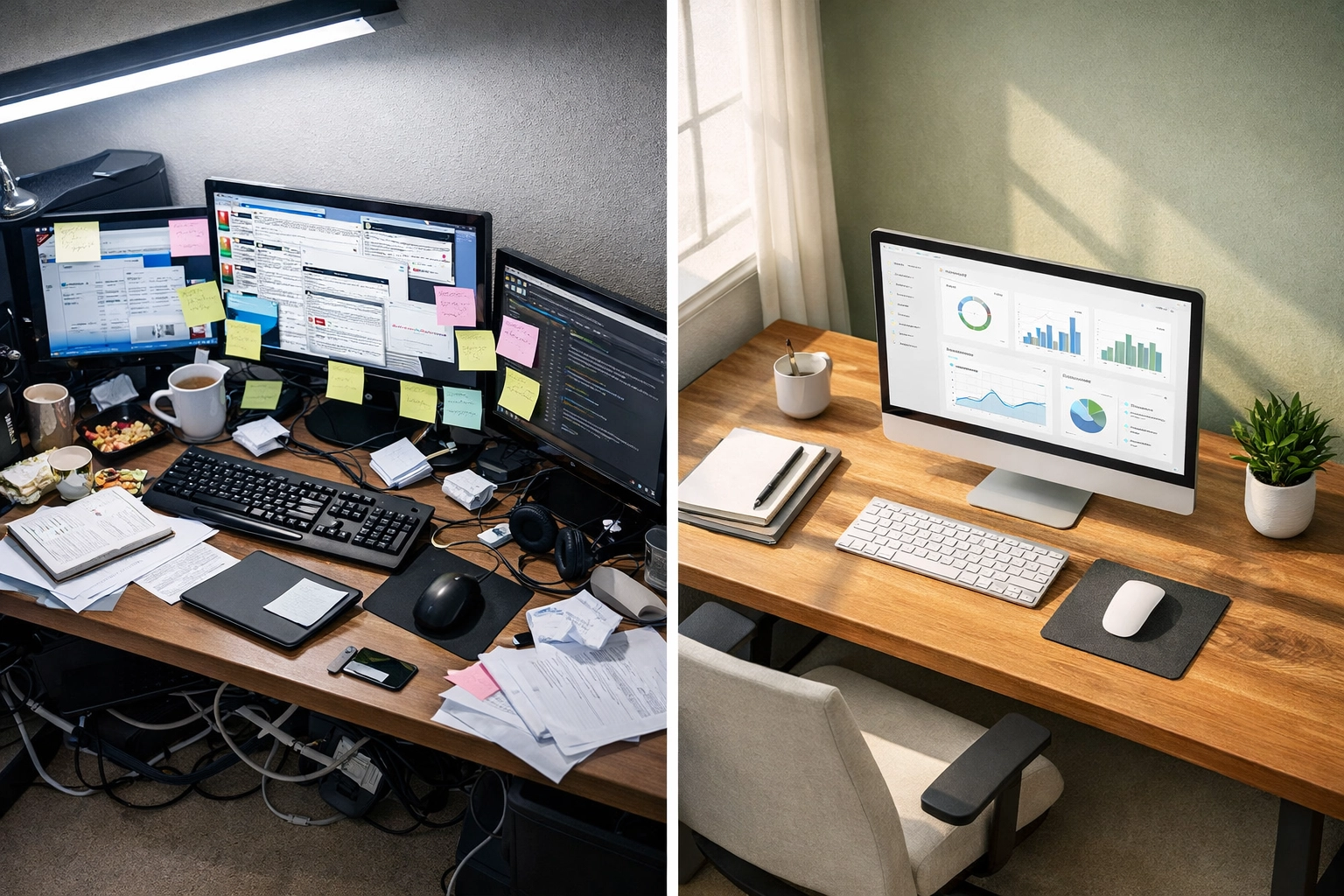 Before and after comparison of executive workspace showing chaotic multi-monitor setup versus organized tech stack