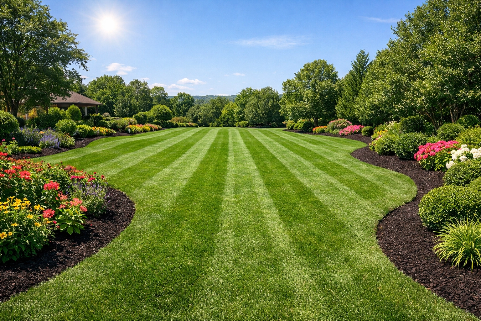Professionally maintained lawn with clean mow lines and vibrant gardens in Ooltewah, TN.