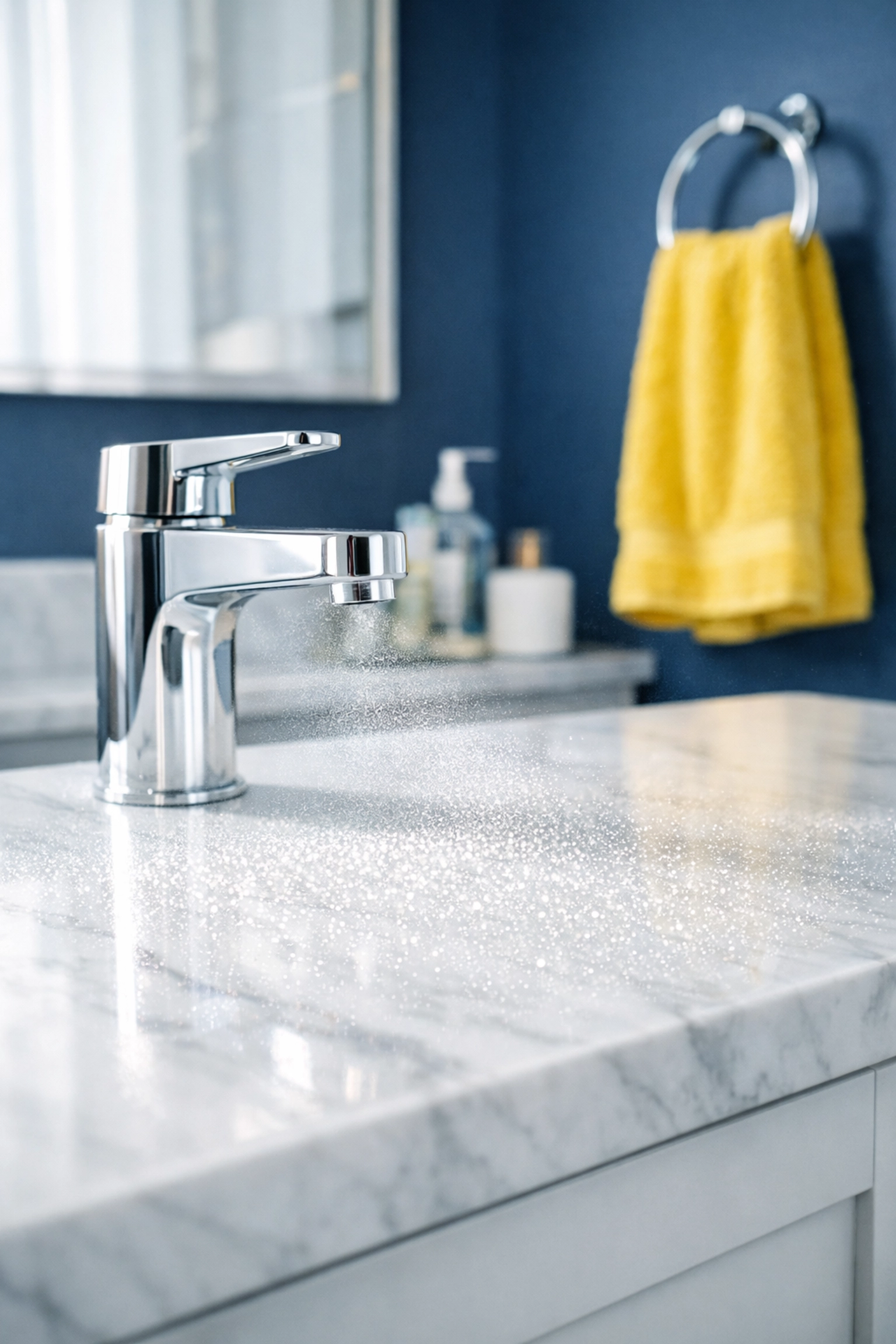 Eco-friendly spray on a marble bathroom vanity, showcasing professional maid services in Lowell.