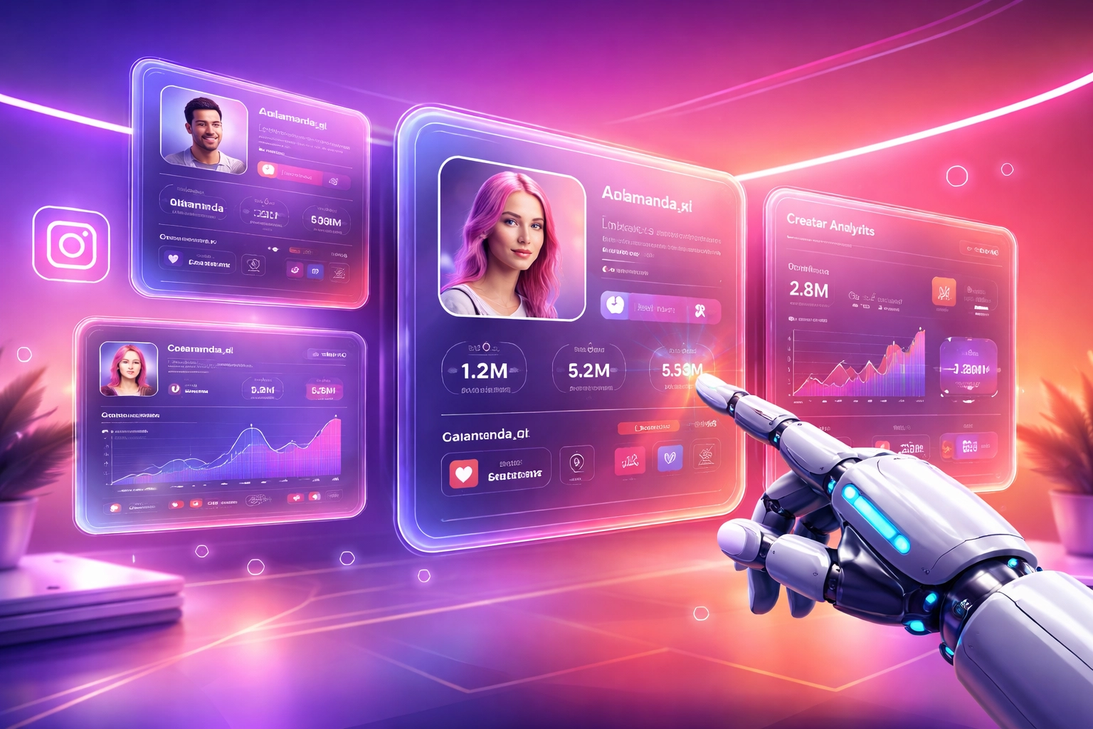 Vue d'ensemble d'un espace digital futuriste illustrant la sélection IA de créateurs sur Instagram pour marques en 2026