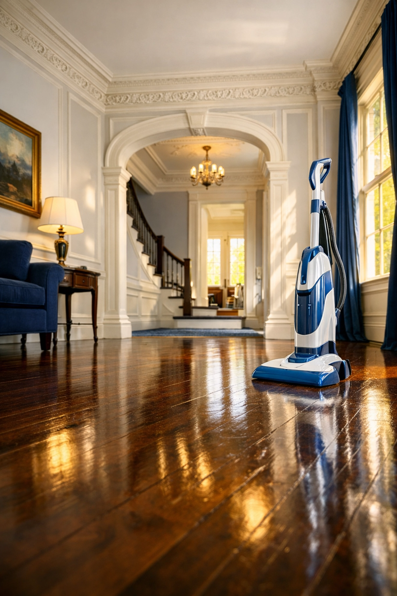 Professional house cleaning Worcester MA in a historic home with polished wood floors and cleaning gear.