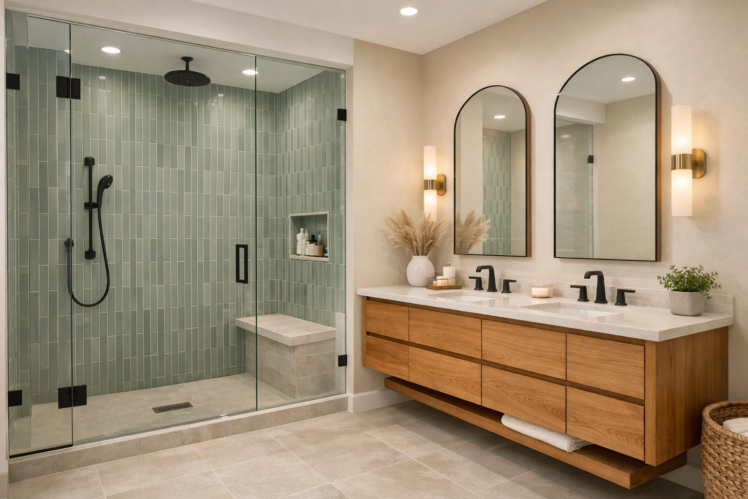Finished bathroom remodeling in Orlando with sage green vertically stacked shower tiles and a modern vanity.