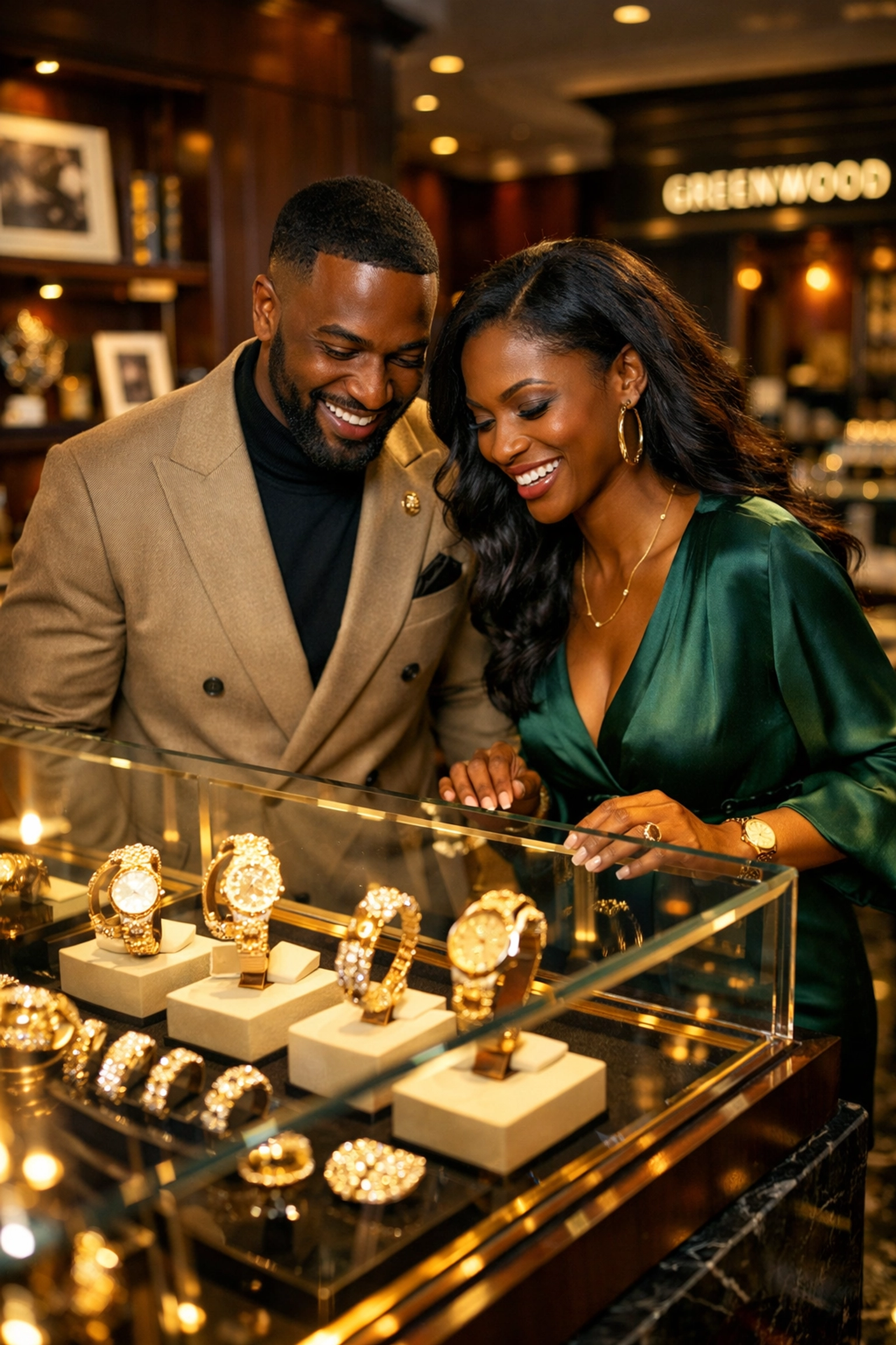 A stylish Black couple browsing high-end gold jewelry in a modern luxury boutique.