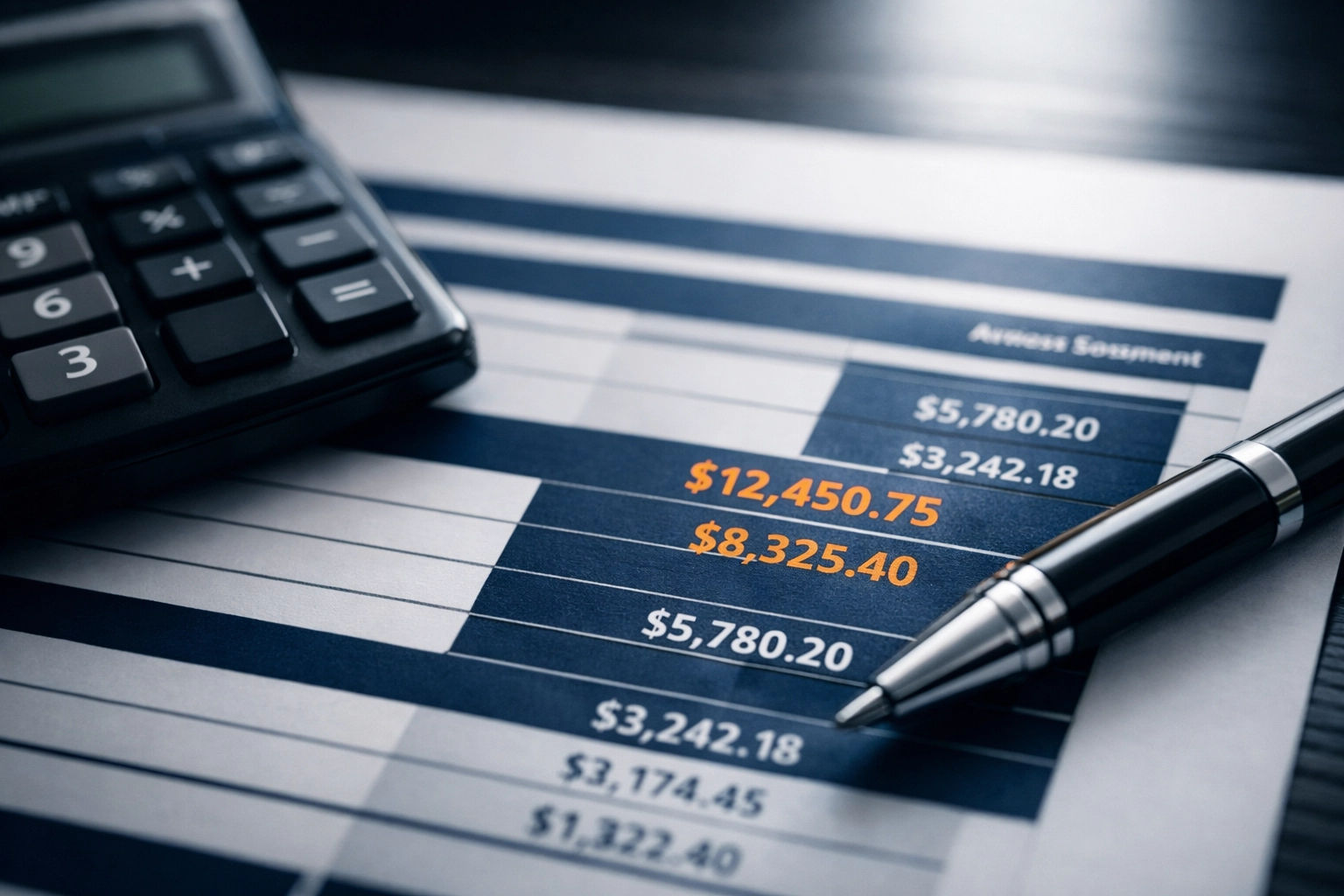 Business financial statements with calculator showing valuation clarity and precision