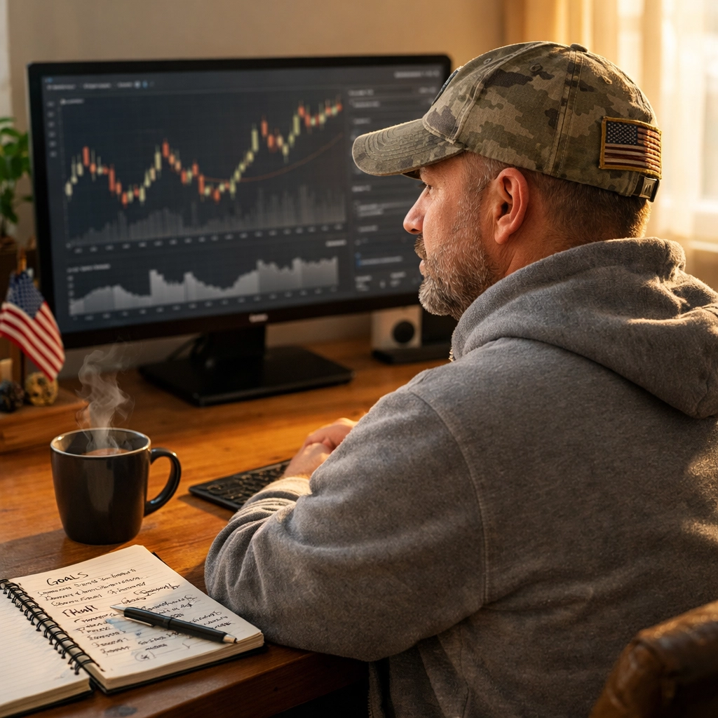 Veteran educating himself on the VA disability claims process using a computer at his home desk.