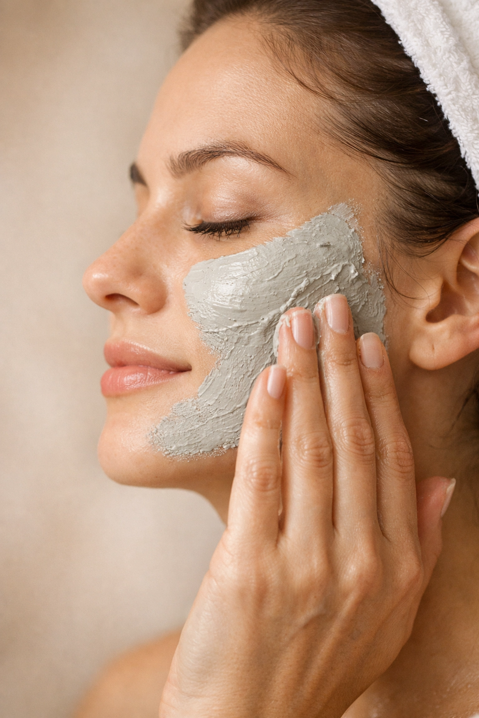 Woman applying natural clay face mask for deep cleansing and skincare treatment