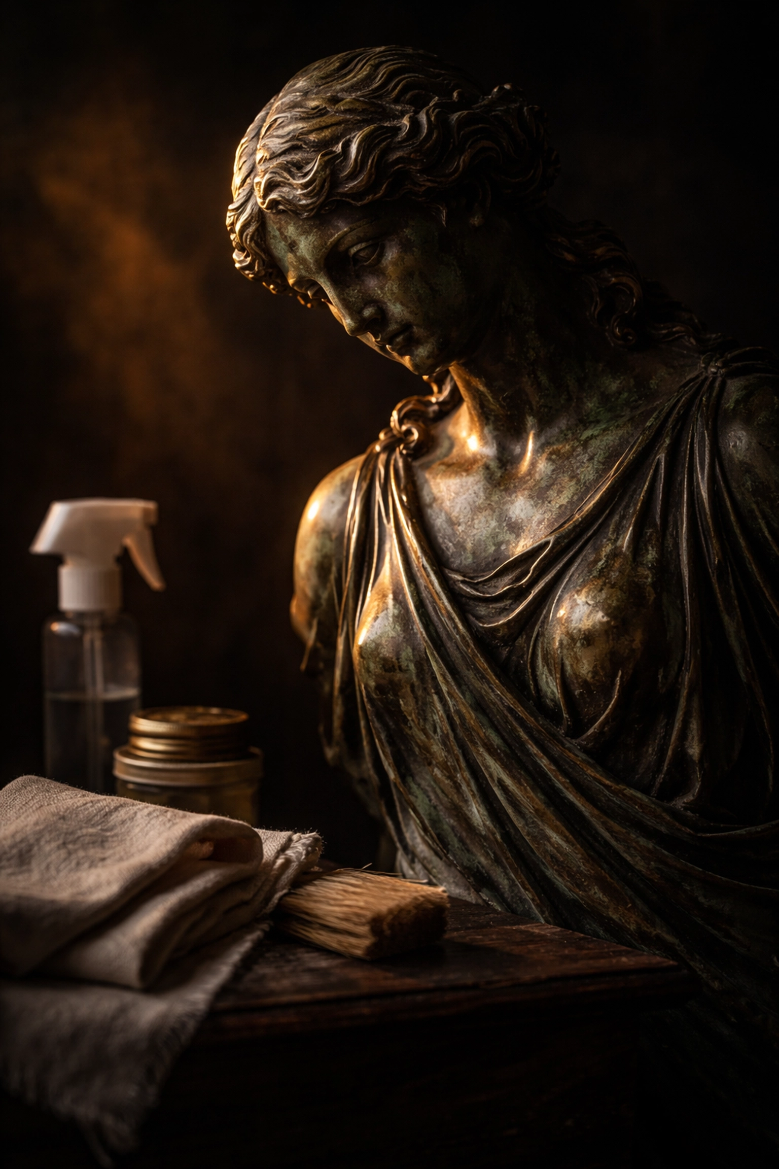 Close-up of antique bronze statue with patina next to cleaning cloth, emphasizing not cleaning antiques before appraisal