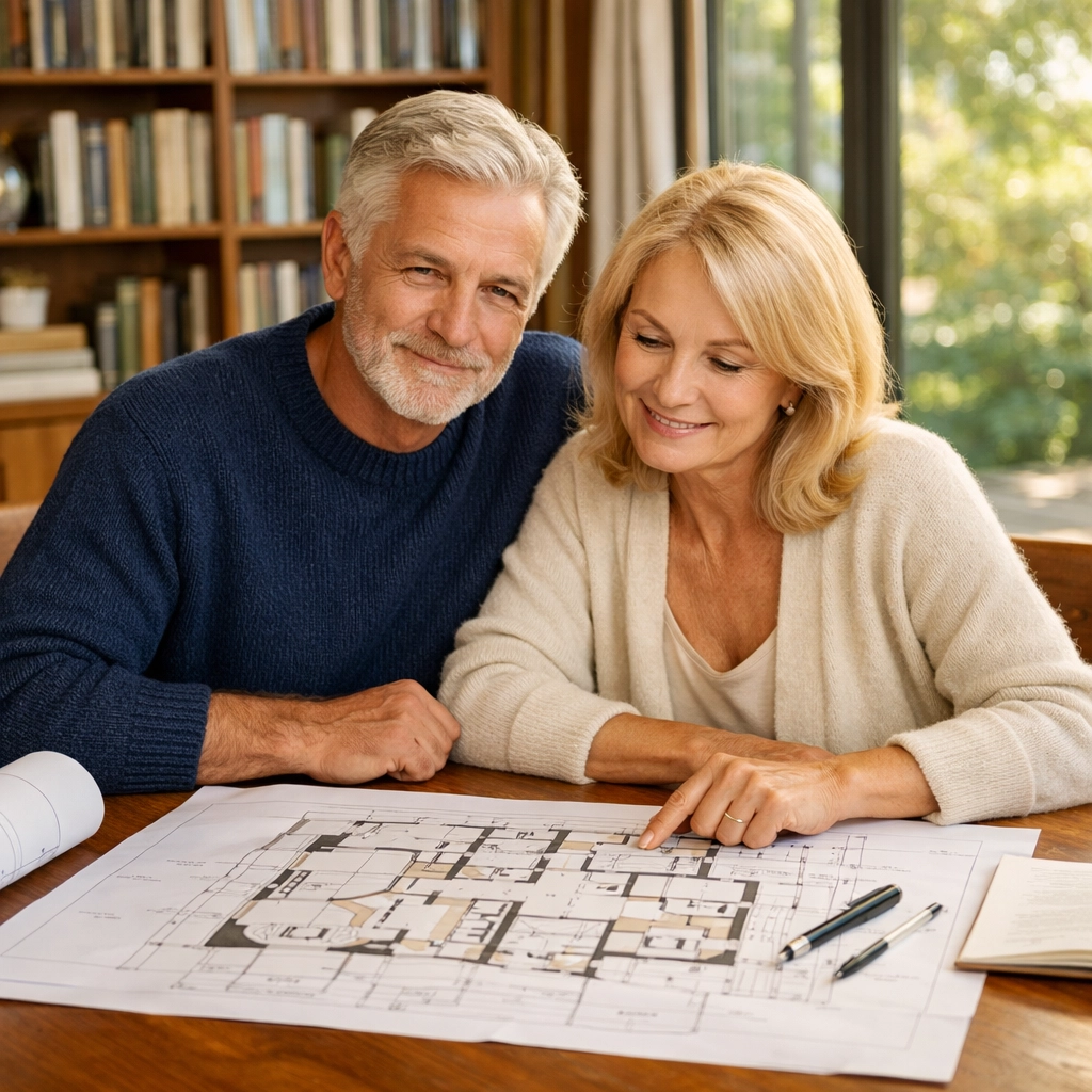 A confident couple reviewing architectural plans representing a secure, engineered retirement strategy.