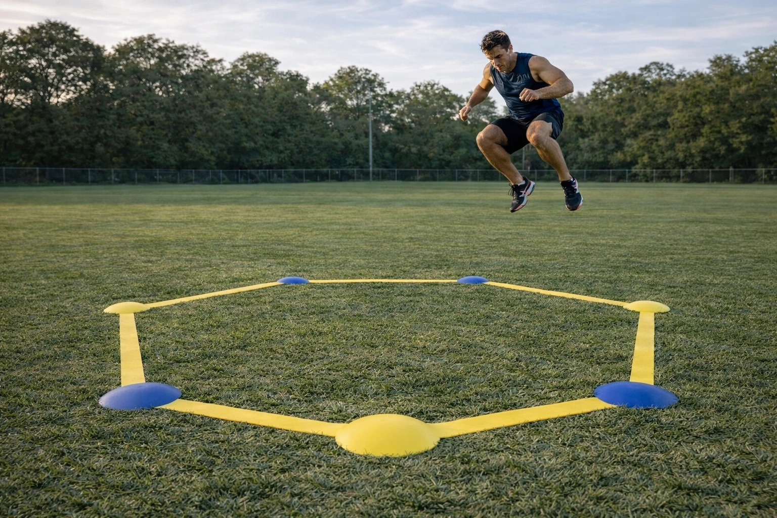 Athlete performing hexagon agility drill jumping over cone markers on outdoor training field